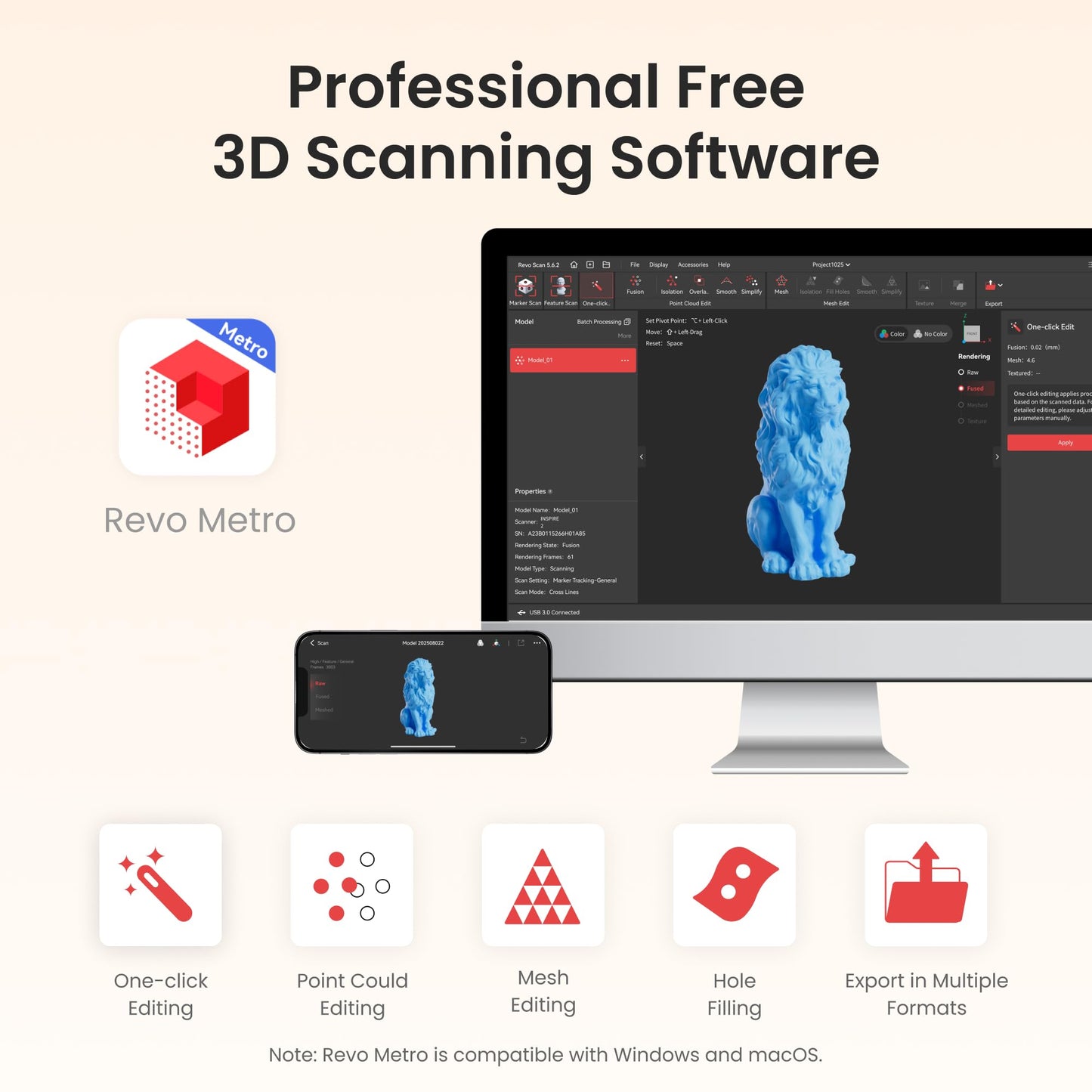 Revopoint INSPIRE 2 3D Scanner for 3D Printing Handheld, Up to 0.03mm Precision, Multi-Line Laser/Structured Light, Wireless/Outdoor Scanning, Full-Color Scan, for iOS/Android/Win/macOS, Standard