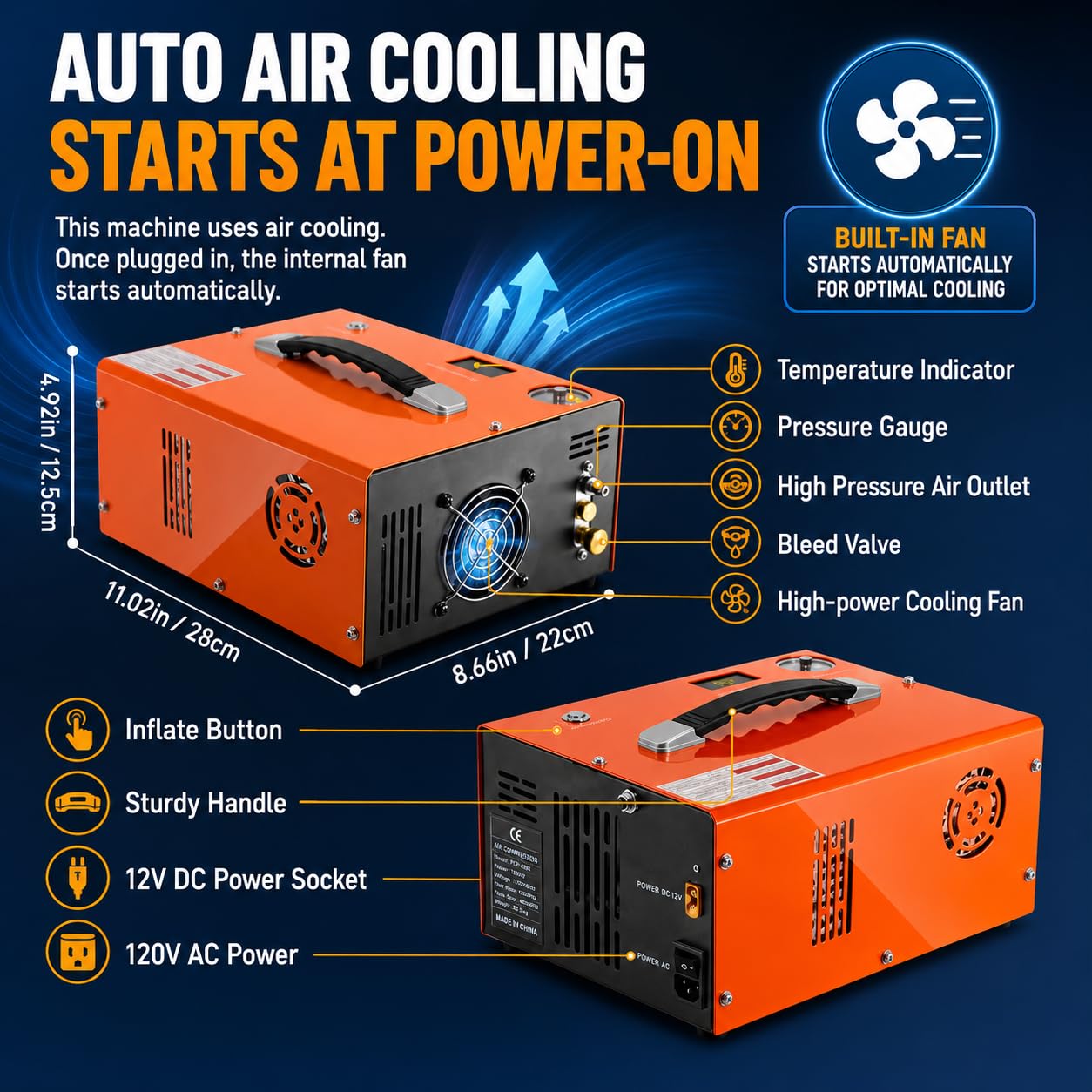 PCP Air Compressor, 4500 PSI/30MPa, Dual Power 12V DC/110V-230V AC, Auto Shut-Off, Portable High Pressure Pump for Airgun Paintball Scuba Tank