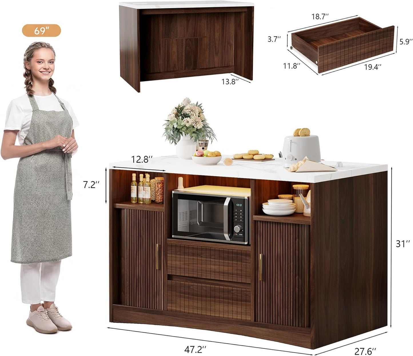 Homiflex Kitchen Island with Power Outlet and LED Lights, 47" Rolling Kitchen Island Table with Storage, Marble Top Mobile Kitchen Cart on Wheels with Microwave Space & Drawers & Sliding Doors, Walnut