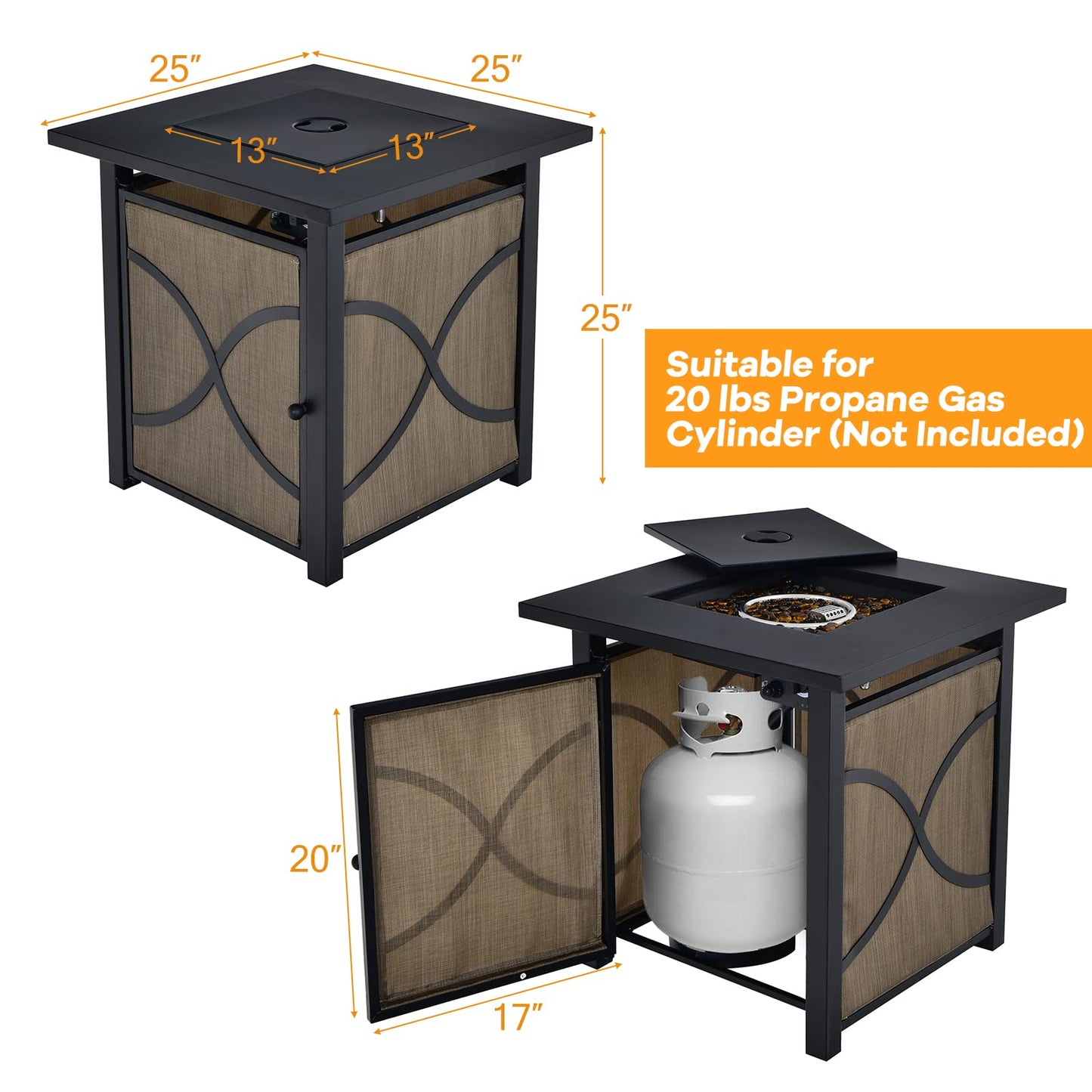 COOURIGHT Propane Fire Pit Table, 25" 40000 BTU Wicker-Look Square Fire Pits w/Lid, Fire Glass, Auto Ignition, Adjustable Flame, CSA Approved, Outdoor Steel Fire Table for Patio, Garden, Backyard