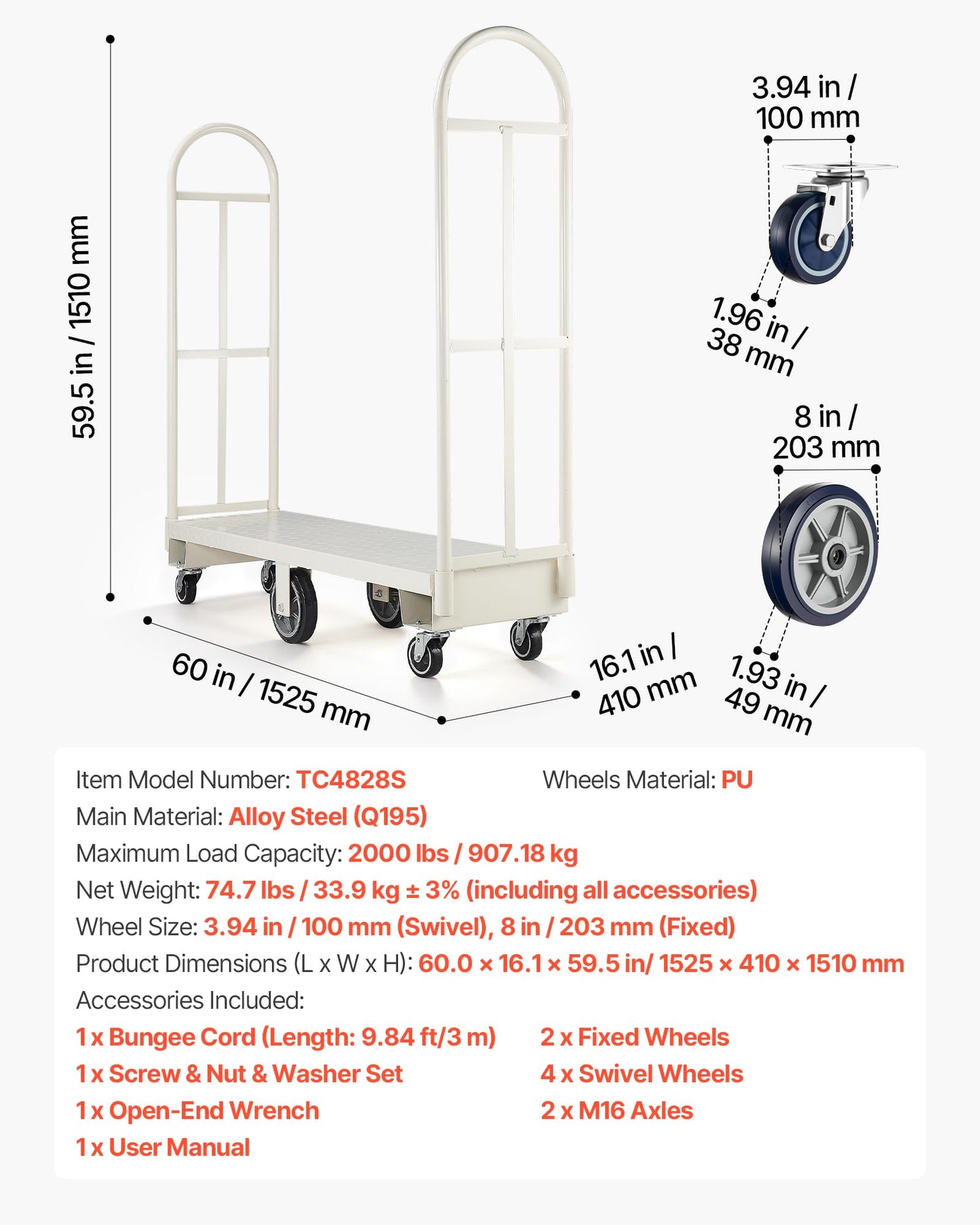 VEVOR 2000LBS Heavy-Duty U-Boat Cart, Platform Truck Dolly with 6 Wheels & Dual Detachable Handles, Heavy Duty Steel Utility Cart for Warehouse/Manufacturing Plant/Logistics Center/Job Site