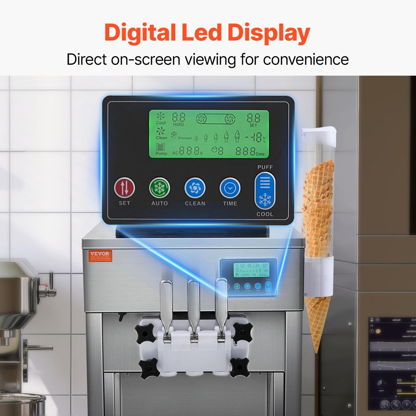 VEVOR Commercial Ice Cream Machine, 21 QT/H Soft Serve Ice Cream Maker with LCD Panel Auto Clean 3-Flavor Pre-cooling for Restaurant Snack Bar