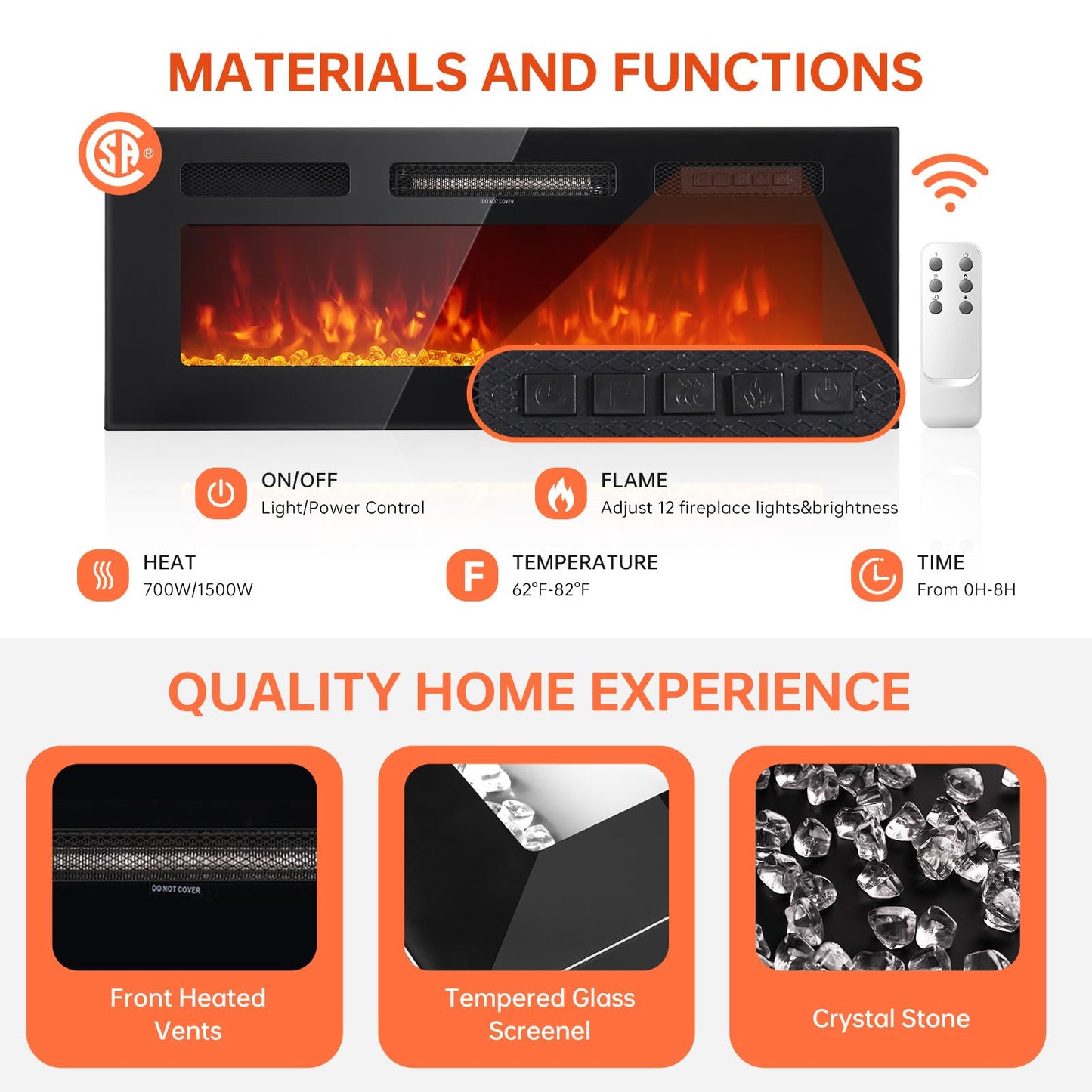 MXV 80" Fireplace TV Stand, Modern Entertainment Center & 36 Inch Electric Fireplace, Remote Control, LED Light, Fire Place Tv Stand for Living Room for TVs up to 90", Black + Black