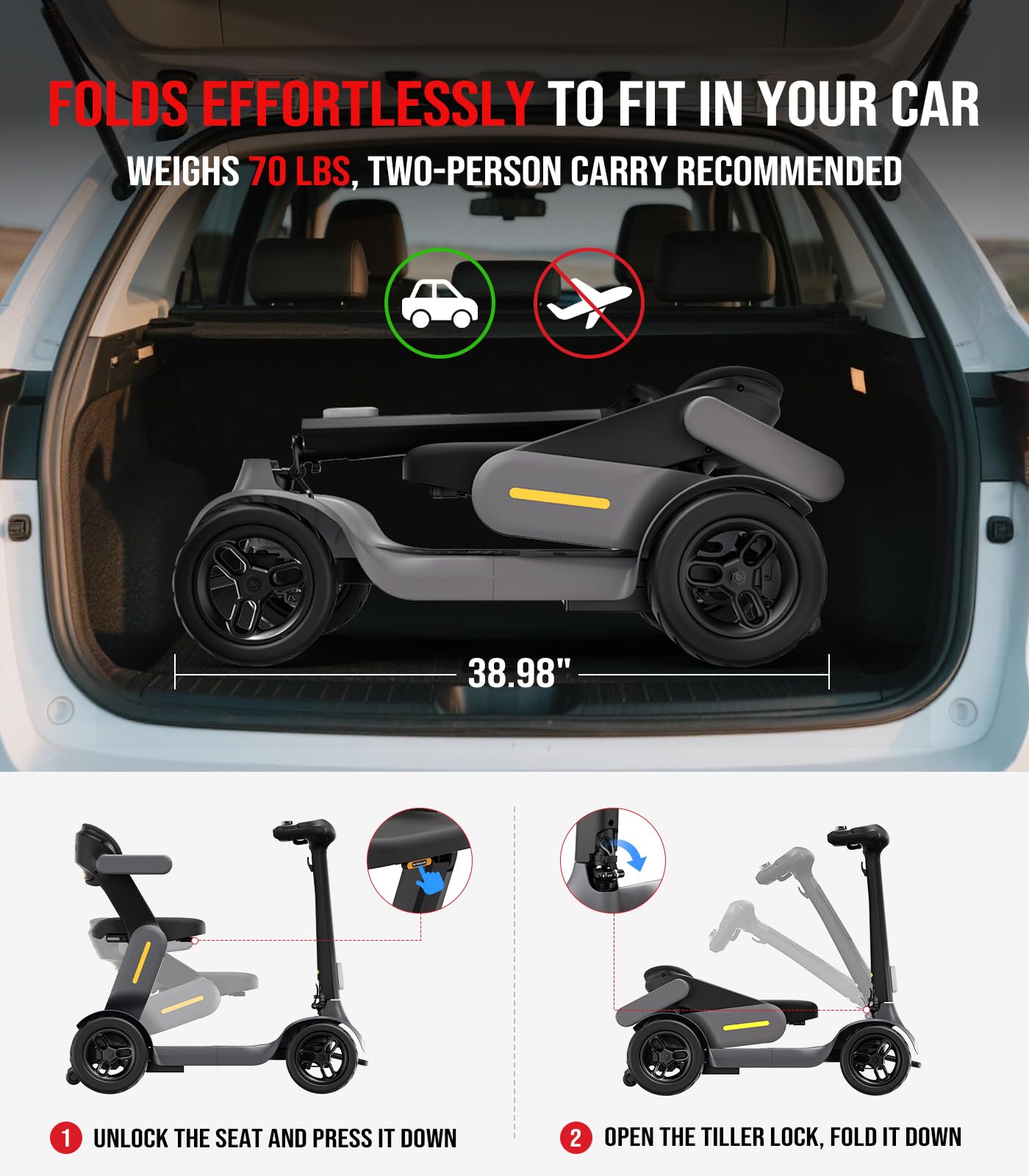 Glashow S3 Folding Mobility Scooter for Seniors & Adults – 4-Wheel All-Terrain Electric Scooter, 25 Mile Range, 6 MPH, 265 lb Capacity, Reverse, LED Lights & Basket – Gray