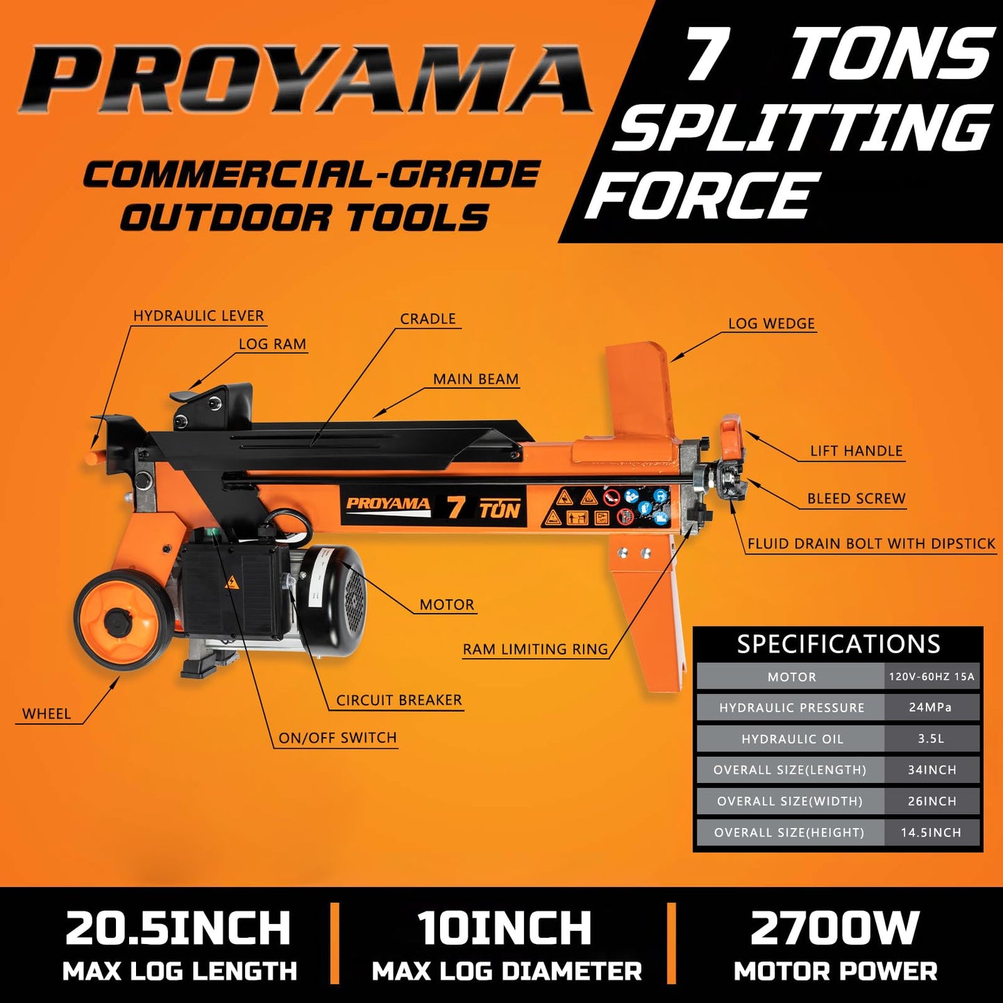 PROYAMA Electric Log Splitter, 7Ton 2700W 15A Motor, Firewood Splitting Machine, Hydraulic Electric Powered Wood Splitter