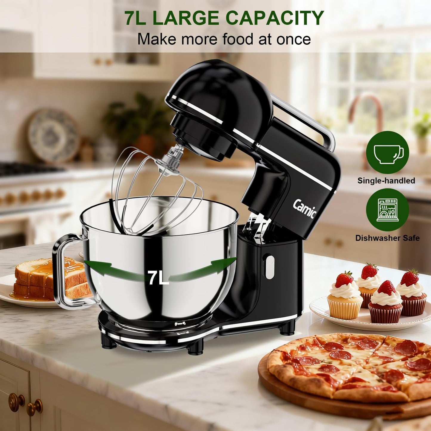 Camic Electric Stand Mixer,7.45 QT,10 Speeds with Dough Hook,Whisk, Flat Beater Attachments, Splash Guard, Easy-Carry Top Handle,3-IN-1 Kitchen Mixer for Baking Cakes Cookie Bread Salad (Black)