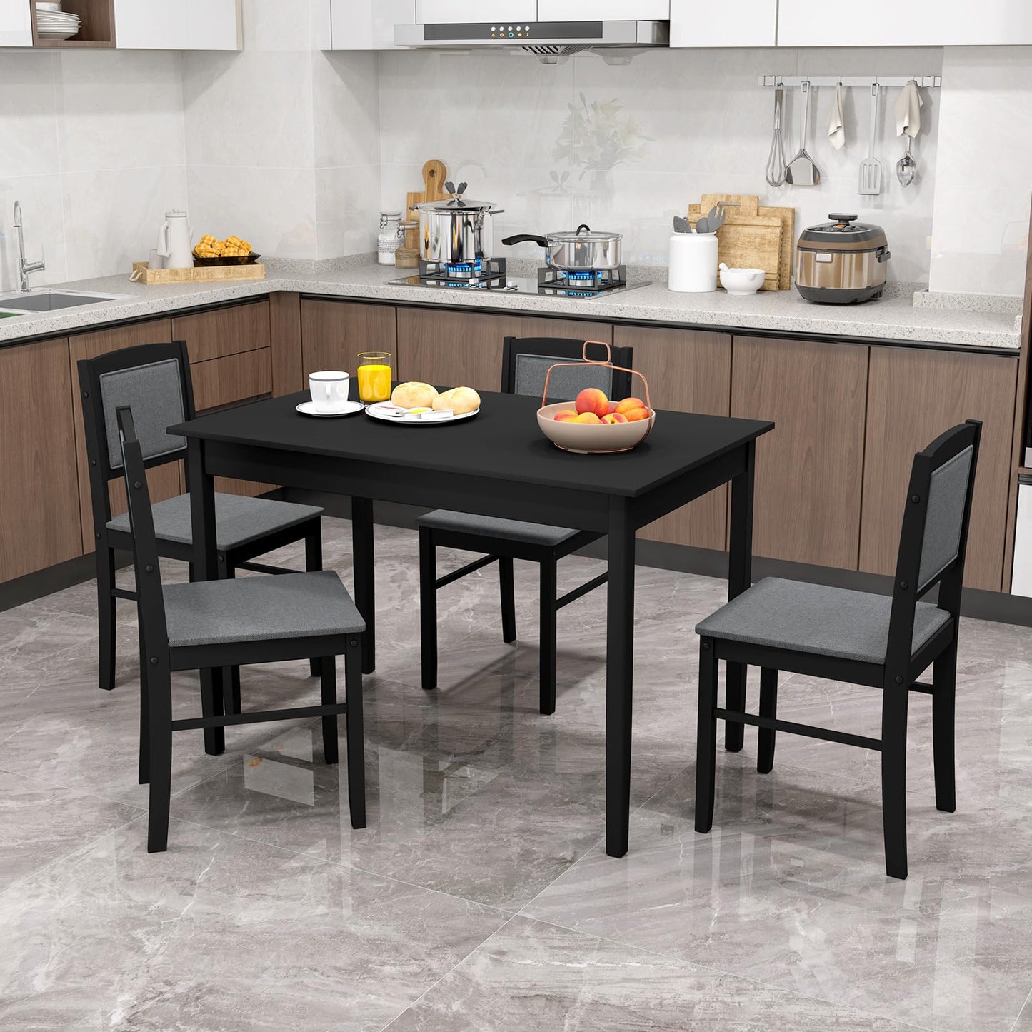 Giantex 5-Piece Dining Table Set for 4, Wooden Kitchen Table and Chairs with Solid Rubber Wood Legs, Padded Seat & Backrest, Space Saving Dinette Set for Home Dining Living Room, Breakfast Nook