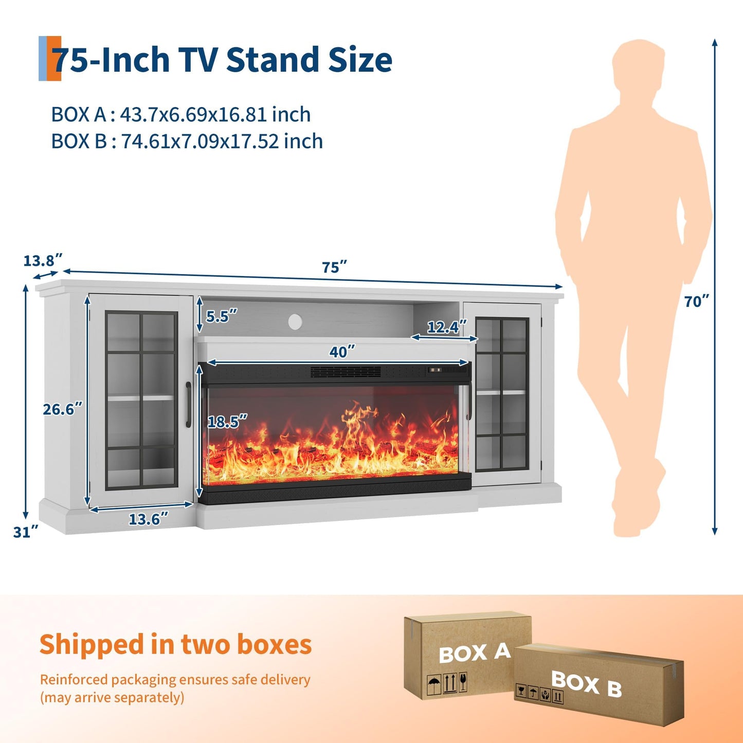 Fireplace TV Stand with 3-Sided Glass, Adjustable LED Flame, Glass Doors & Storage Shelves, Modern Farmhouse Entertainment Center for TVs Up to 85", Electric Fireplace Console Table for Living Room
