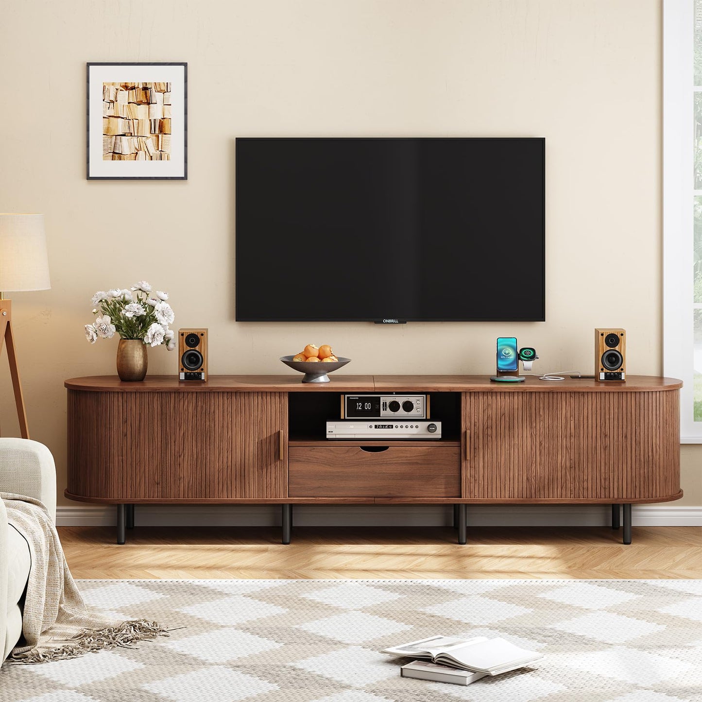 ONBRILL 86.6" TV Stand with Power Outlet for TVs up to 90", Entertainment Center with Storage and Drawer, TV Console with Adjustable Shelves and Sliding Door, TV Stand for Living Room, Bedroom, Walnut