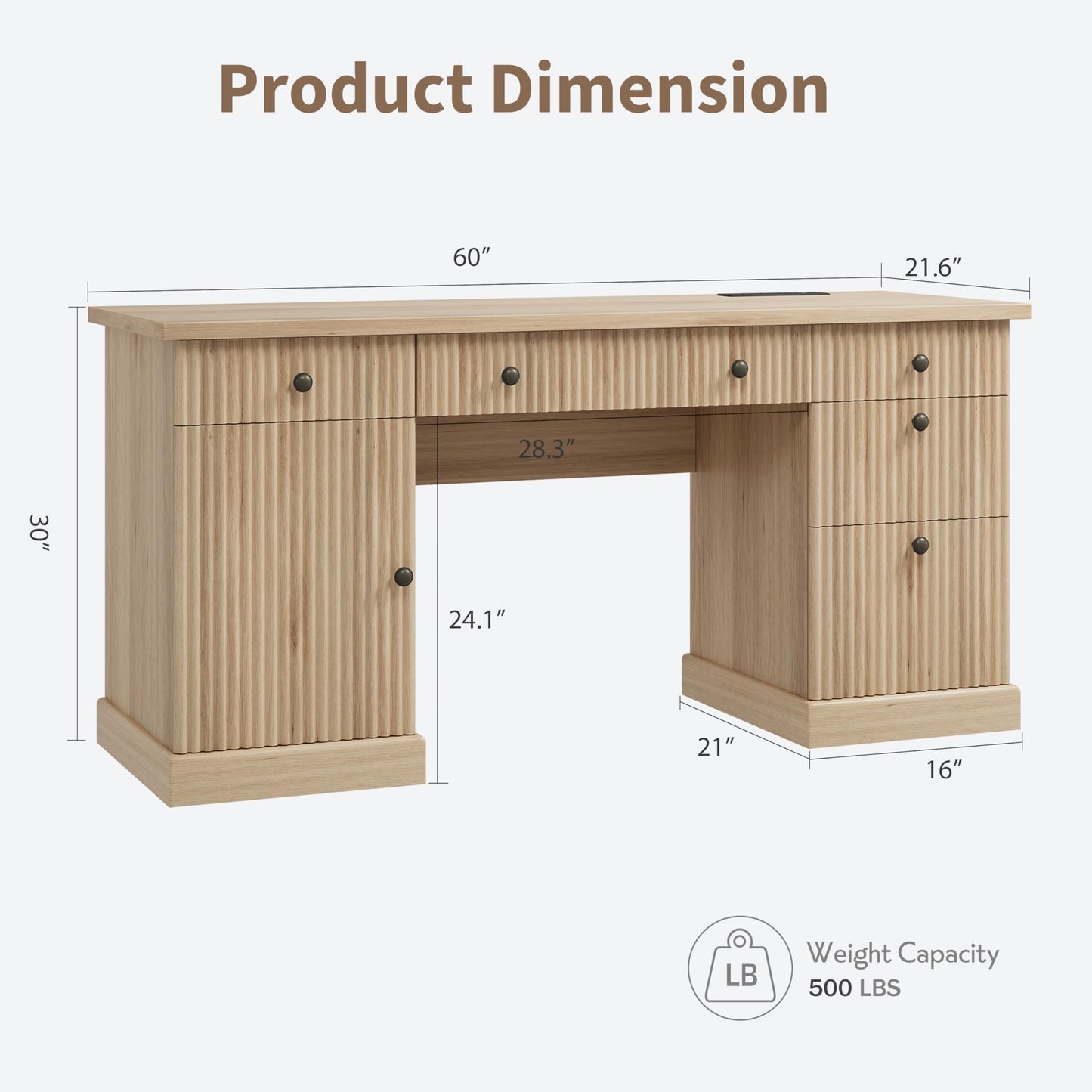 Garvee 60" Office Desk with Storage & Drawers. Fluted Wood Computer Desk with Power Outlet & Adjustable Shelves.Modern Executive Desk for Home Office/Bedroom/Gaming-Burlywood