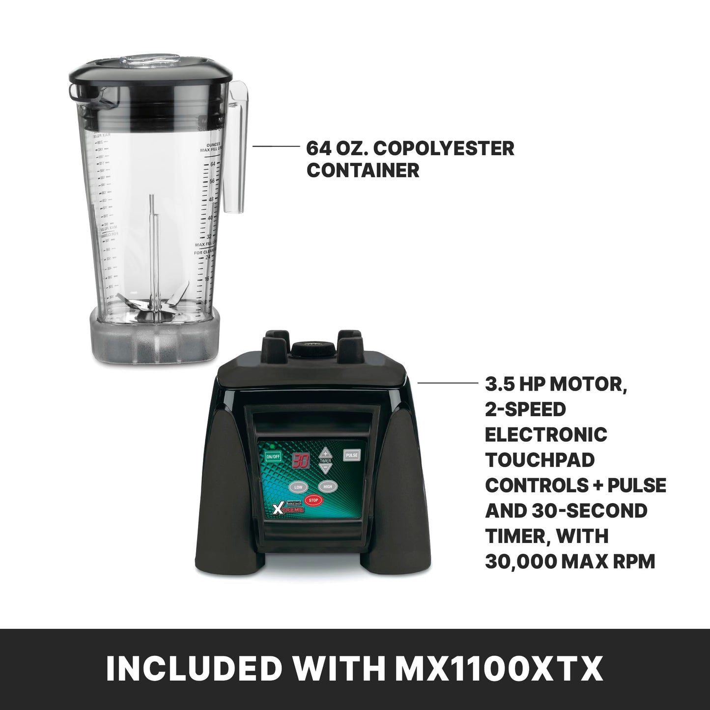 Waring Commercial Xtreme Blender, 3.5 Horsepower Motor, Electronic Keypad with Timer & 64 oz Copolyester Jar for Bars & Restaurants, NSF Certified, MX1100XTX