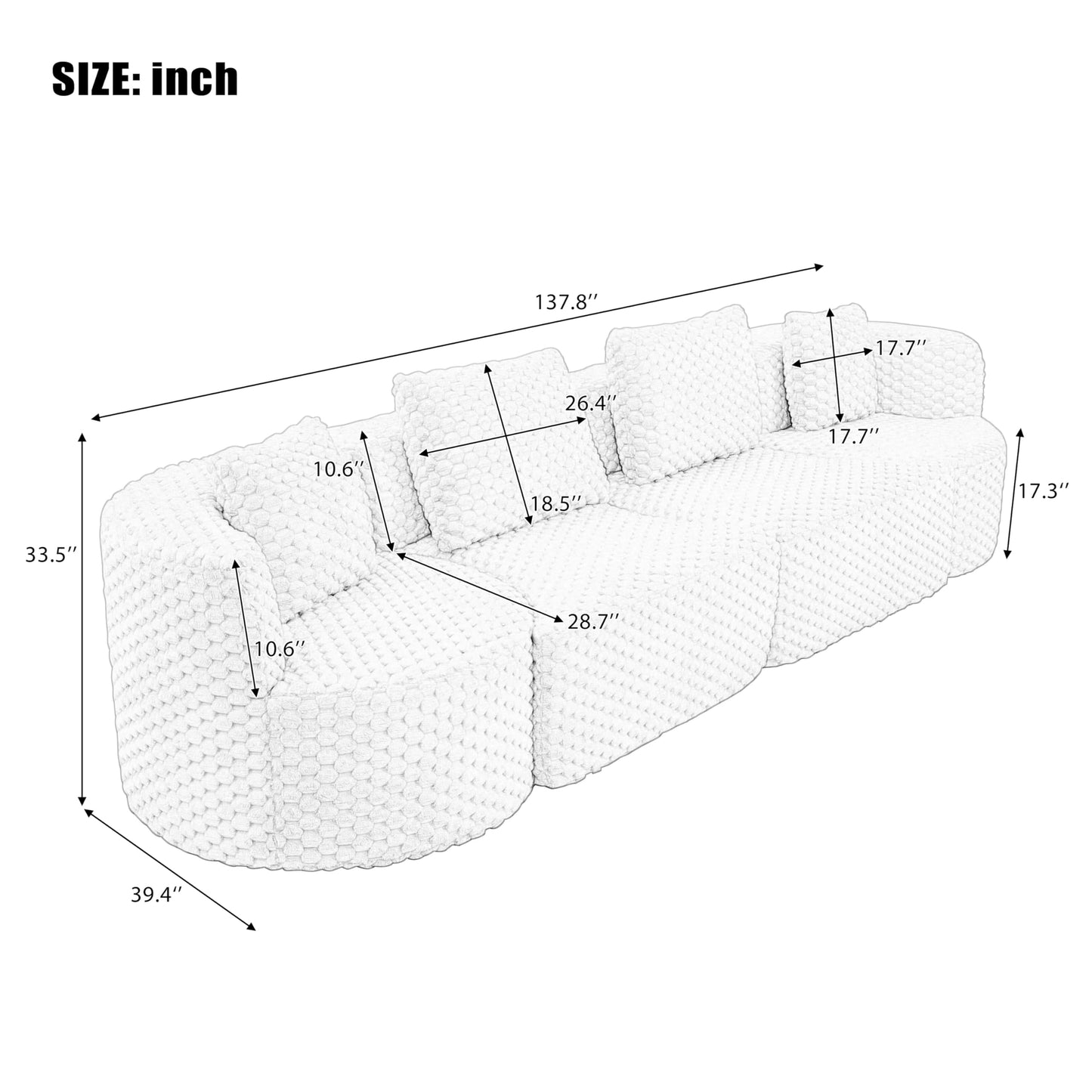 Merax 138" Curved Modular Sectional Sofa Set, Compressed 4 Seat Bubble-Velvet Boneless Sectional Couch Sofa with Deep Seat & Pillow, Comfy Cloud Soft Couches for Living Room, Easy Assembly, Grey