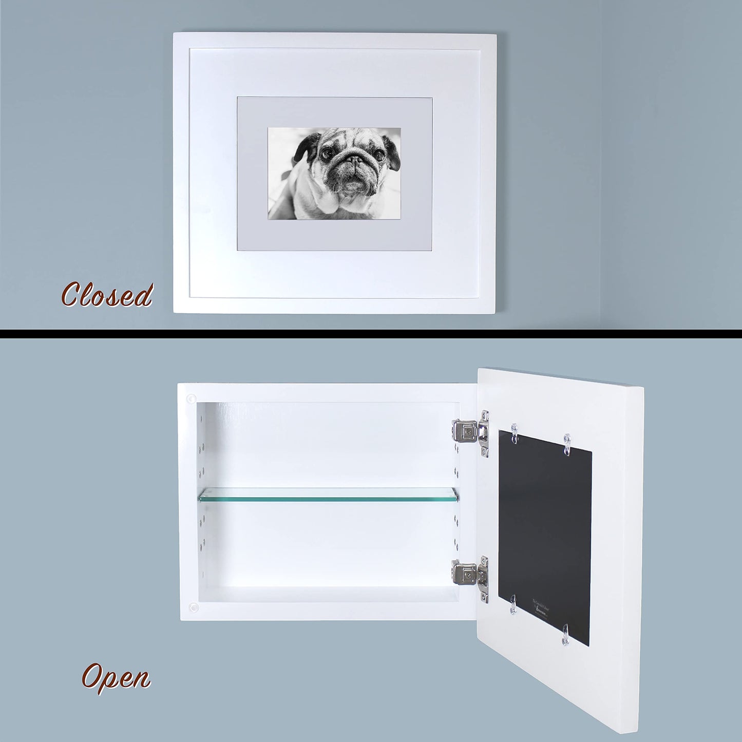 Fox Hollow Furnishings 14x11 Concealed Picture Frame Medicine Cabinet Without Mirror for Bathroom, Recessed in The Wall, Made in North America, Real Wood, NO MDF, Adjustable Shelves, Hidden, White