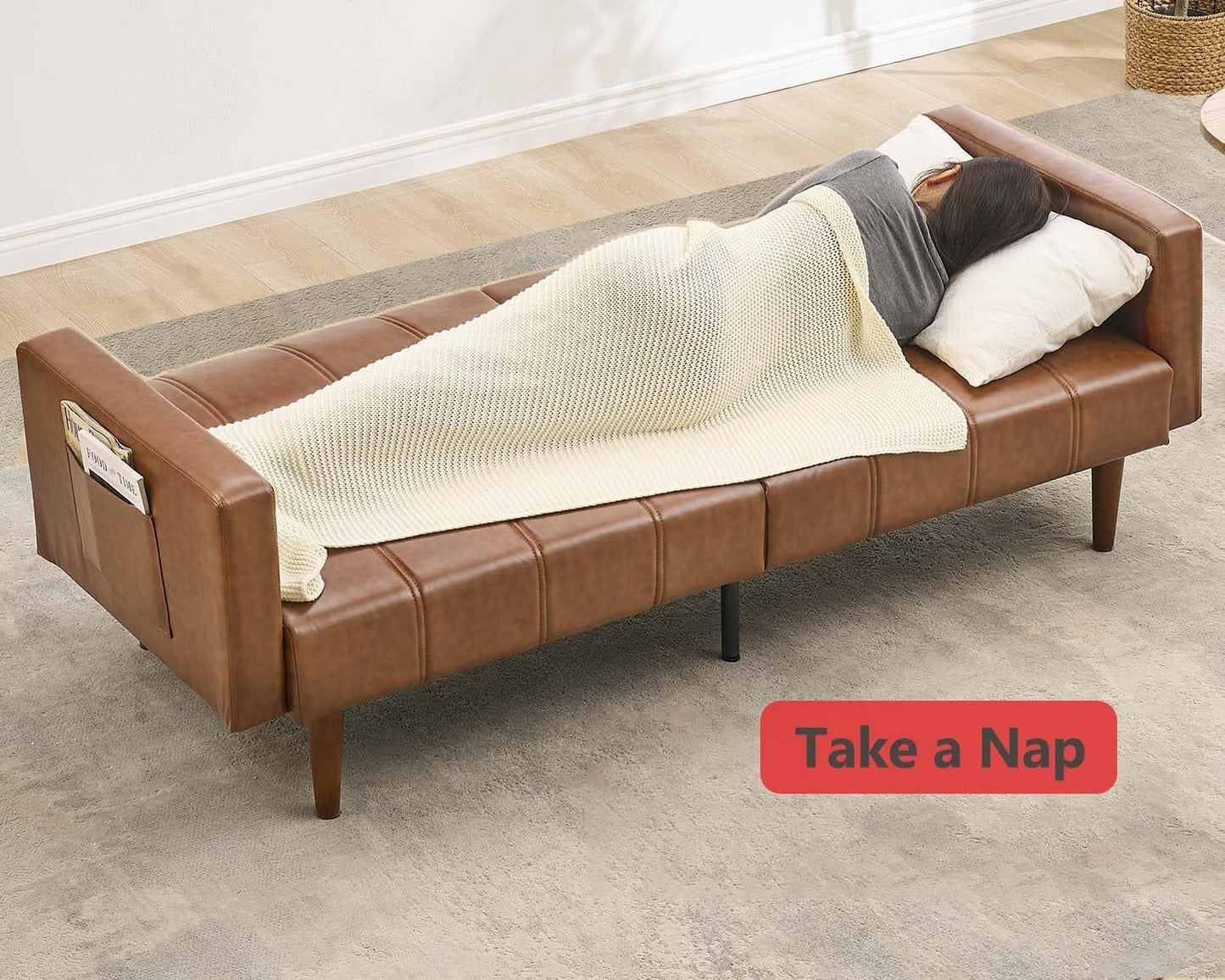 GOCAPTAIN 75" Convertible Futon Sofa Bed, Mid-Century Modern PU Leather Couch with Adjustable Backrest, Sleeper Loveseat with Side Pockets, Easy Assembly for Living Room & Guest Room (Brown)