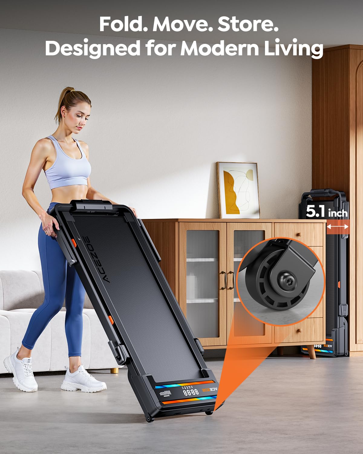 Foldable Walking Pad with 0-15% 9-Levels Auto Incline and Handle Bar, Under Desk Treadmill with 300LBS Weight Capacity, 3.0HP Quiet Treadmills for Home with Speaker, APP & Remote Control - Blue Orange