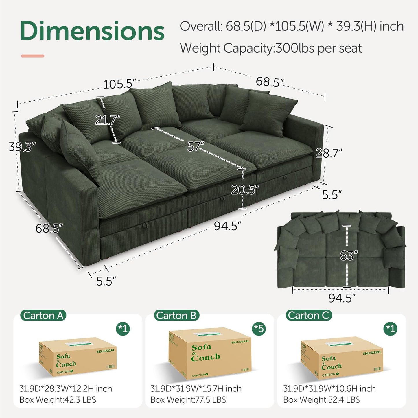 HONBAY Modular Sectional Sleeper Sofa, Corduroy 6 Seater Couch with Storage, Sectional Sleeper Couches for Living Room, Green