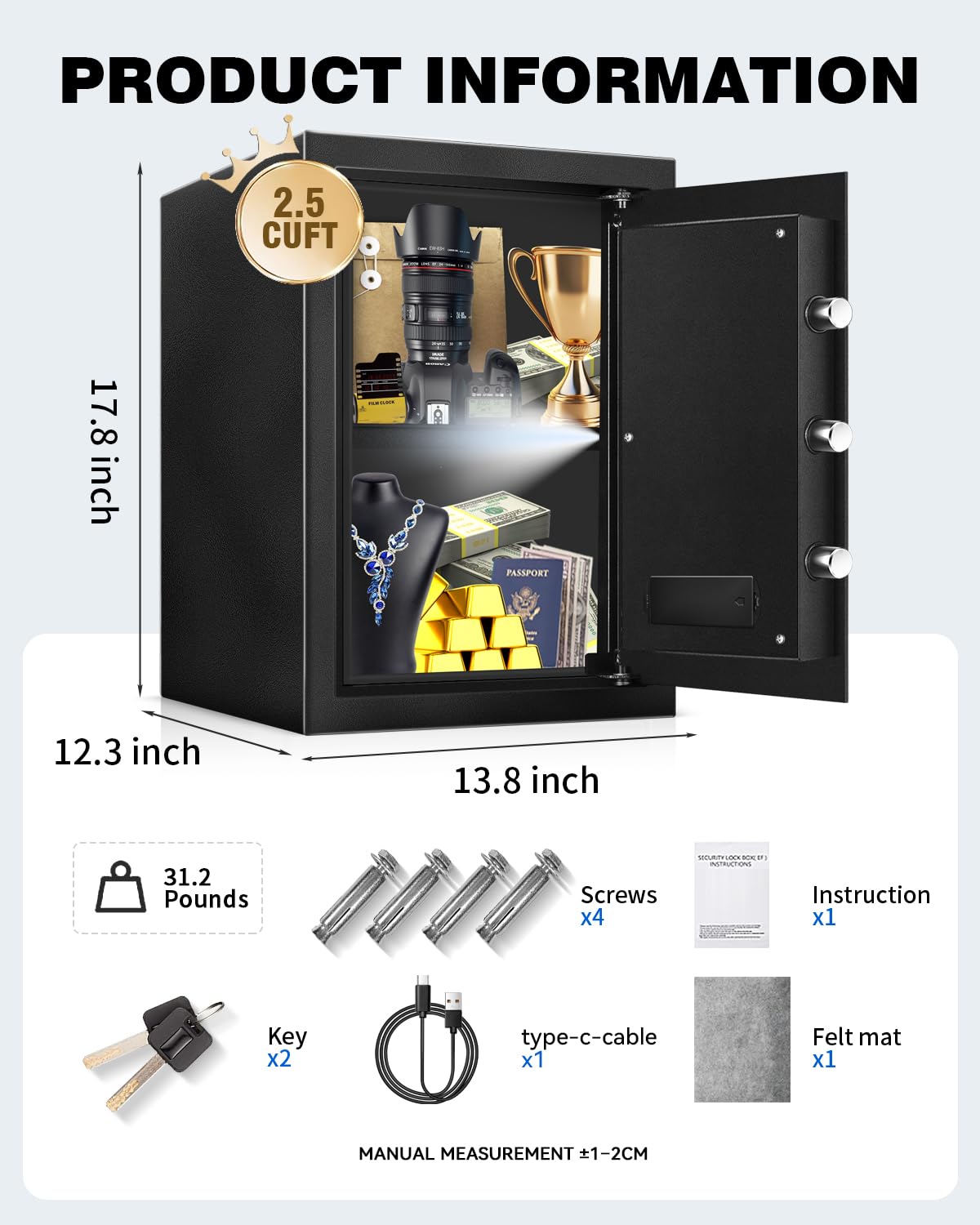 VaultHex Secure Home Safe with Alarm, USB-C Power & Quiet Access - 2.0 CuFt Mid-Size Cabinet Safe for Bedroom or Office, Motion Light, Keypad & Shelf