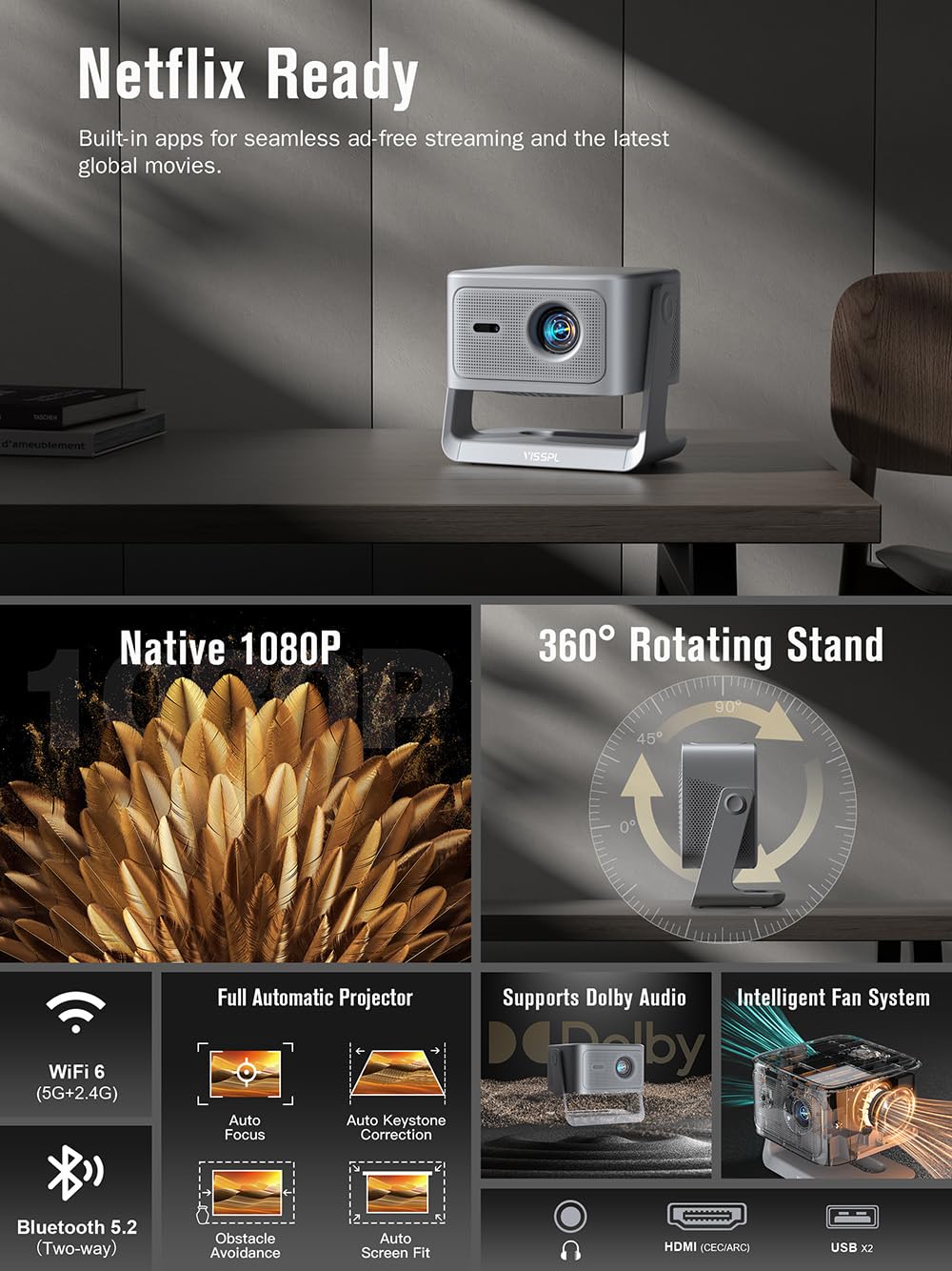 【Now with Netflix & 3000ANSI】Smart 4K Projector with WiFi and Bluetooth, VISSPL 3D Dolby Audio and Auto Focus Portable Outdoor Projector, Movie Home Theater Projectors for Bedroom/Ceiling