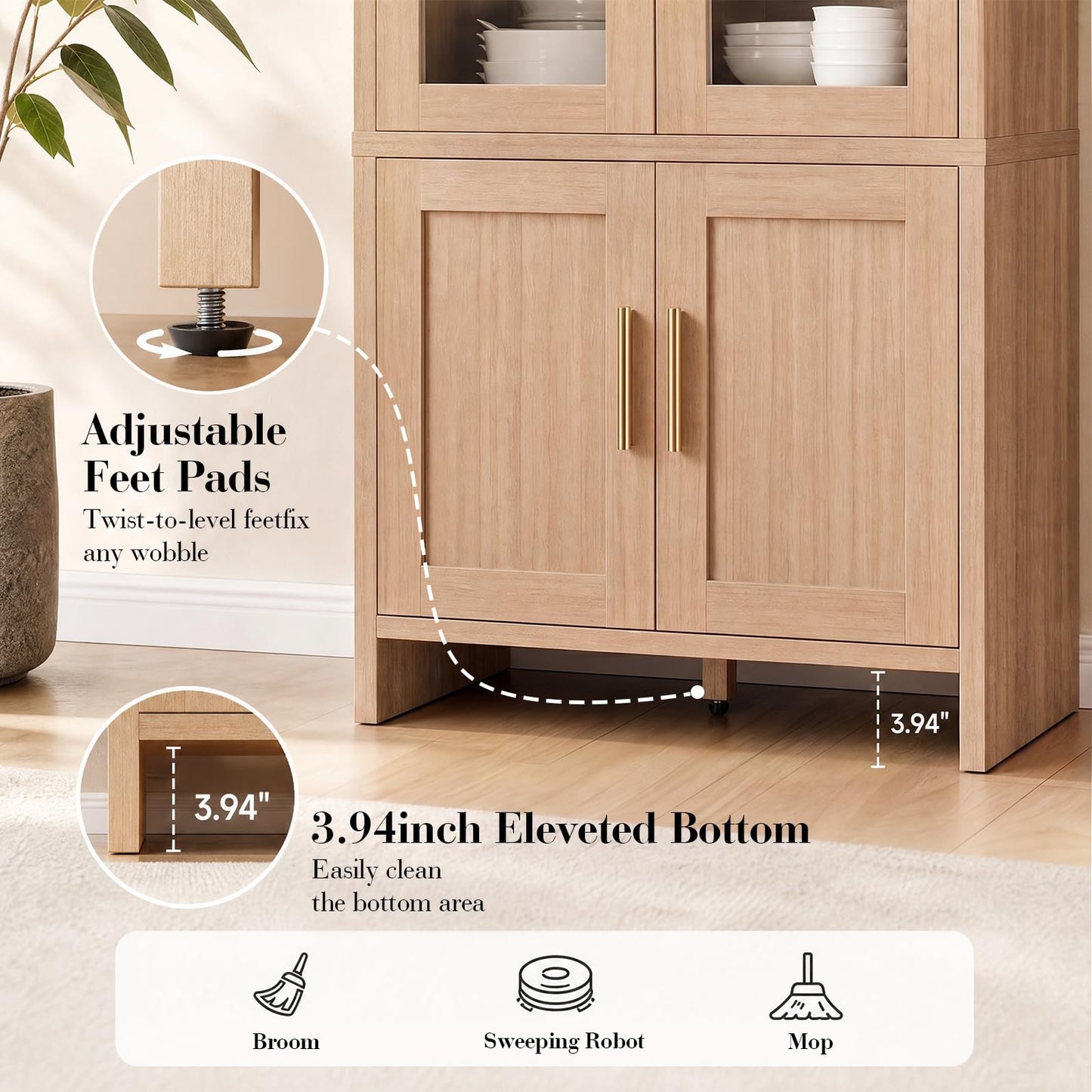EliteSet 77" Tall Kitchen Pantry Cabinets, Wooden Curved Storage Cabinets with Adjustable Shelf, 1.18'' Panel Freestanding Cupboard for Dining Room, Living Room, Bathroom, Oak, 1Pcs