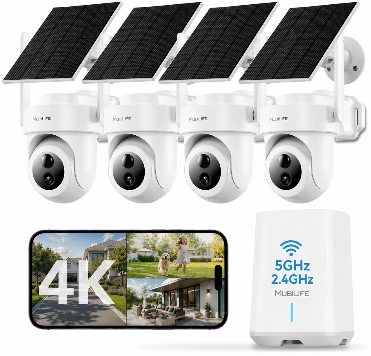 MUBILIFE 4K Ultra HD Solar Security Cameras Wireless Outdoor, No Subscription Required, Home Security Cameras System with 360° Auto Tracking, Color Night Vision, 2.4&5GHz WiFi, Easy Setup, 4-Cam Kit