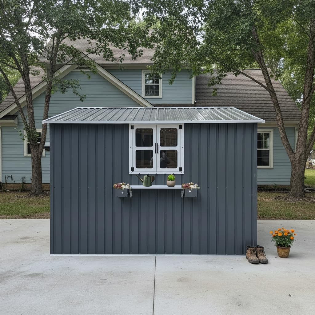 10x8 FT Storage Shed,Outdoor Metal Building Backyard Shed with 2 Clear Openable Windows,Windowsill & Garden Bed Flower Rack,Lockable Double Doors Tool Shed, Heavy Duty Waterproof,for Yard,Coal Gray
