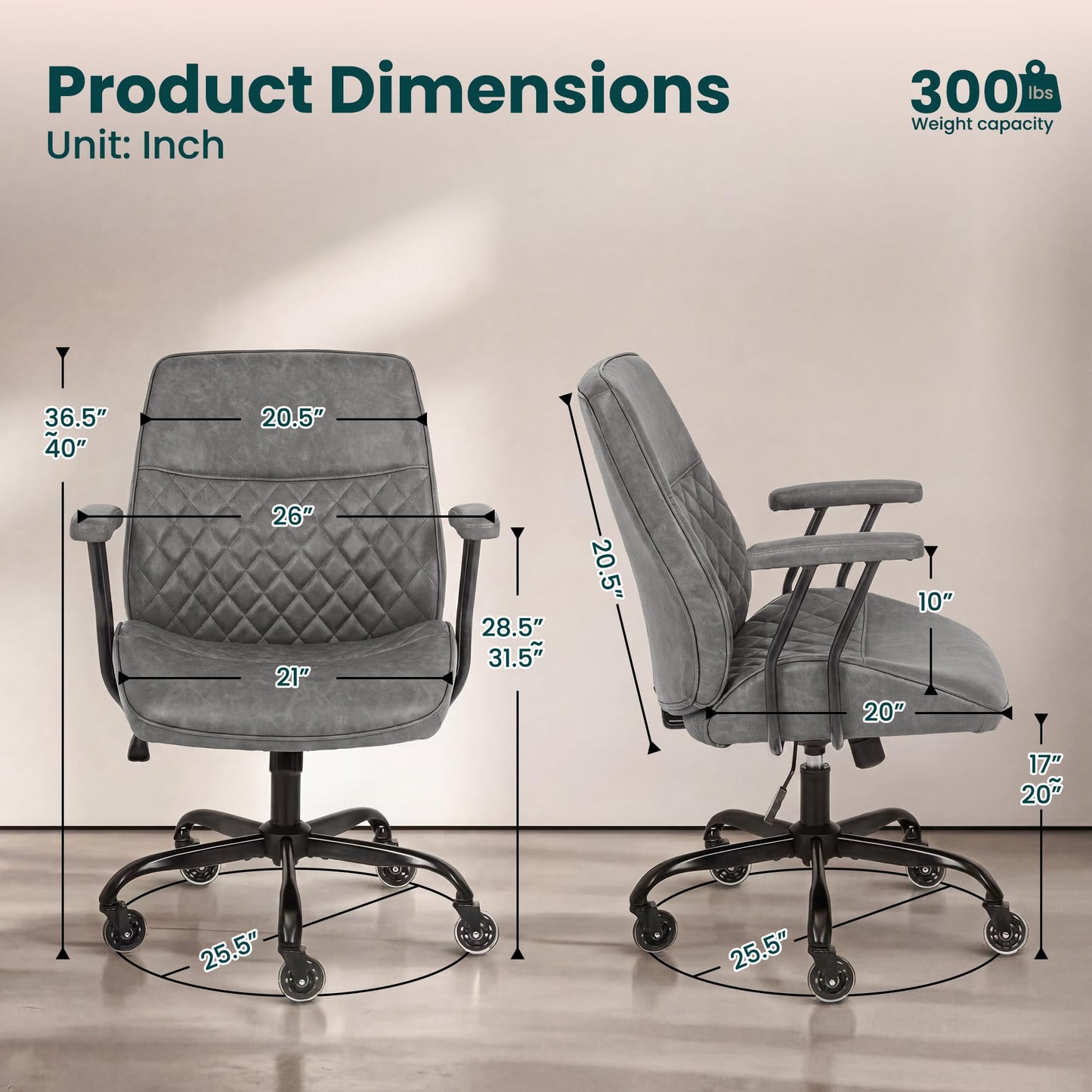 NEO Chair Ergonomic Leather Office Desk Chair with Fixed Armrests Mid Back Lumbar Support Swivel Executive Computer Chair with Wheels Comfy Home Office Chair for Adults (Grey)