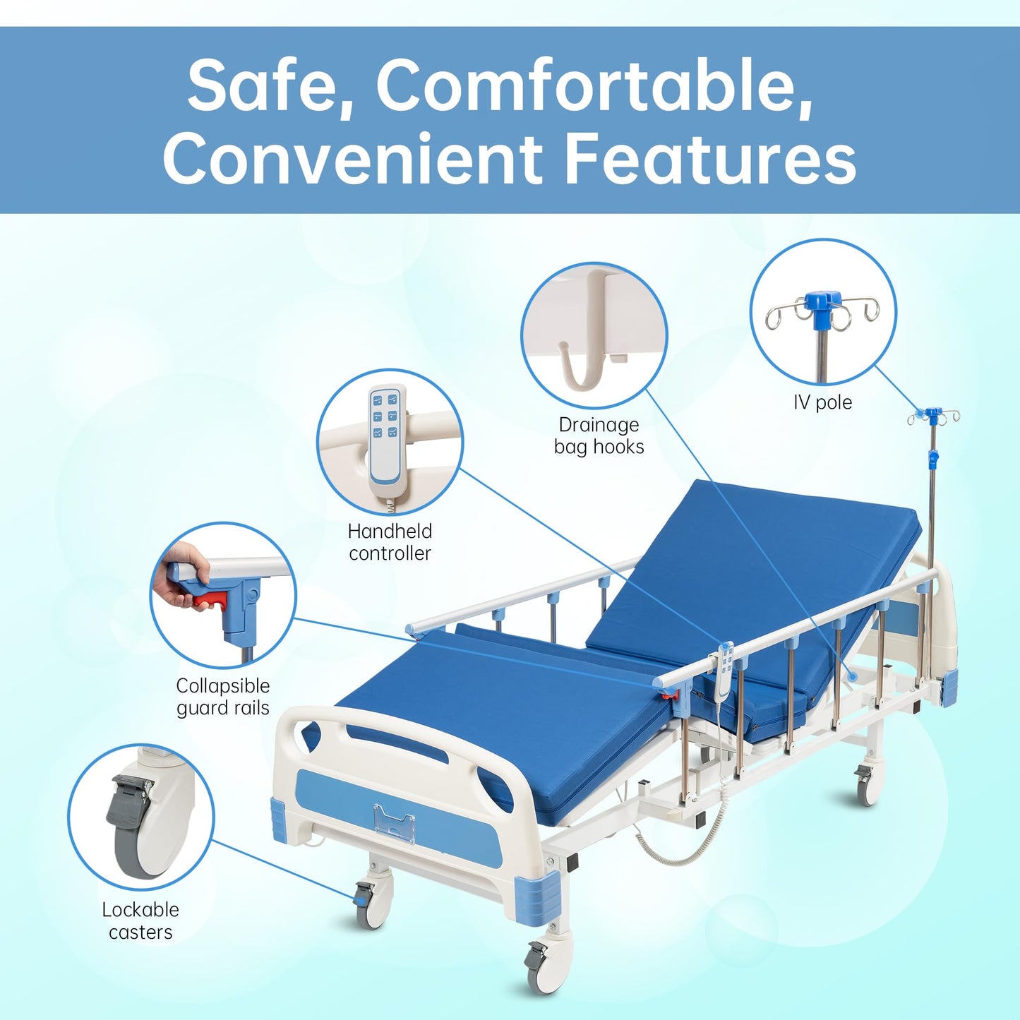 Real Relax Premium 2 Function Full Electric Hospital Bed, ICU Electric Medical Bed with 4 inch Foam Mattress & IV Pole, Dining Table Board and 5 inch Locking Casters, 530LBS Loading.