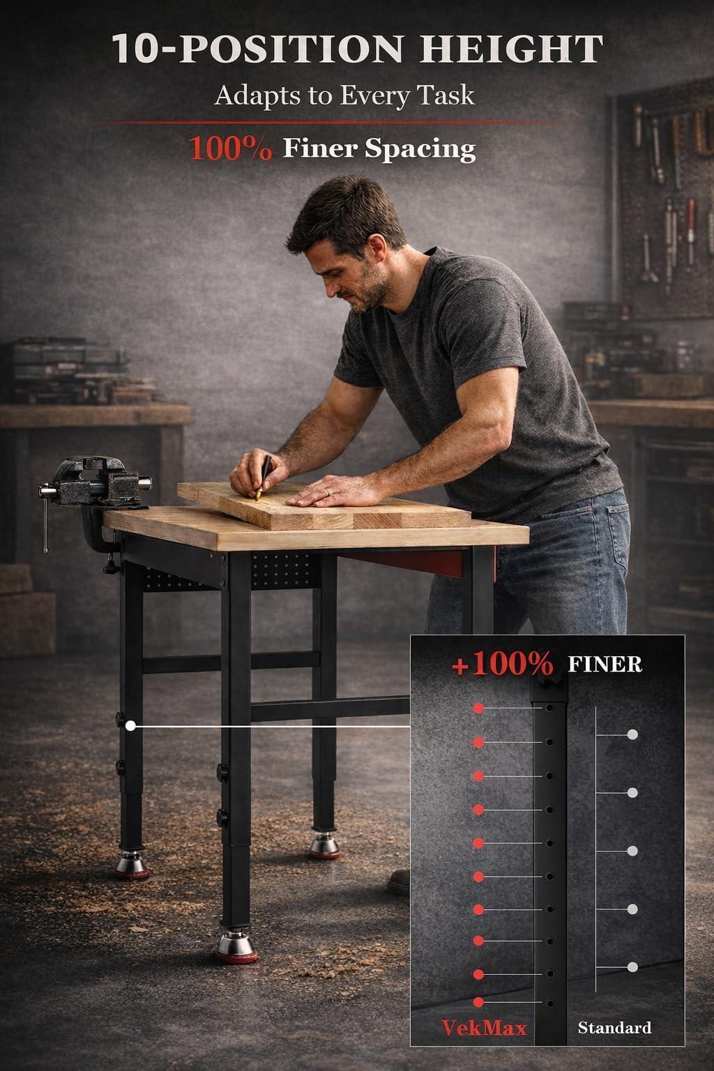VekMax 48" Heavy Duty Workbench, 2500 LBS Load Capacity Work Bench with 1.2" Laminated Oak Wood Top & Reinforced Steel Frame, Adjustable Height Work Table for Garage, Workshop, Office, Home (Feet)