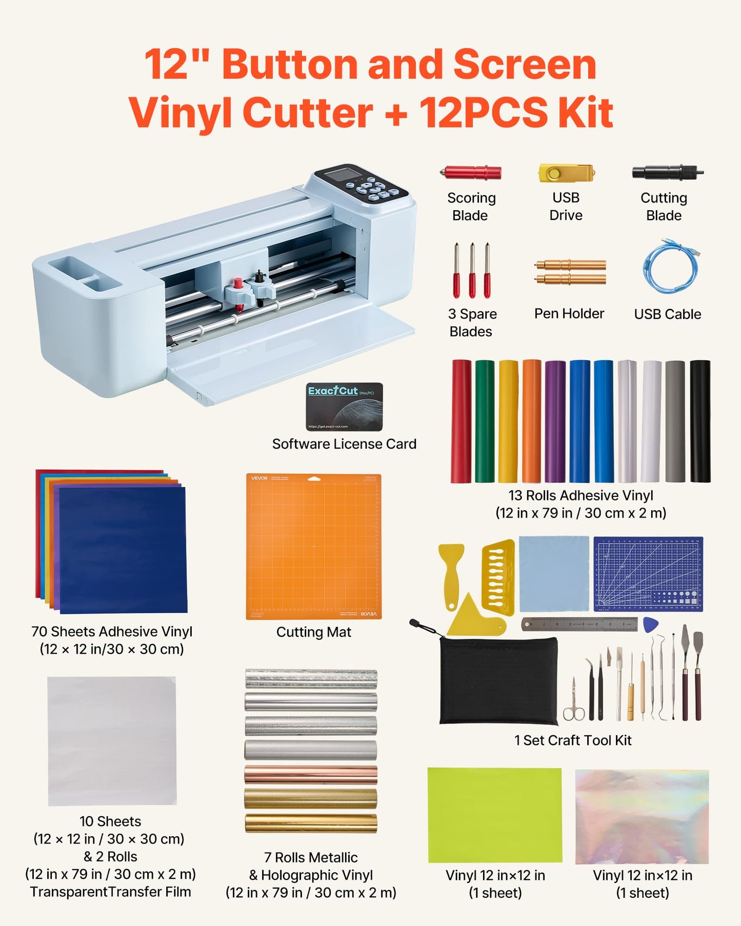 VEVOR Vinyl Cutting Machine, 12 in, Button and Screen Controlled Vinyl Cutter with Materials and Tool Kit, 20000+ Built-in Design Resources, Compatible with Mac, Windows, Android and iOS, for Crafts