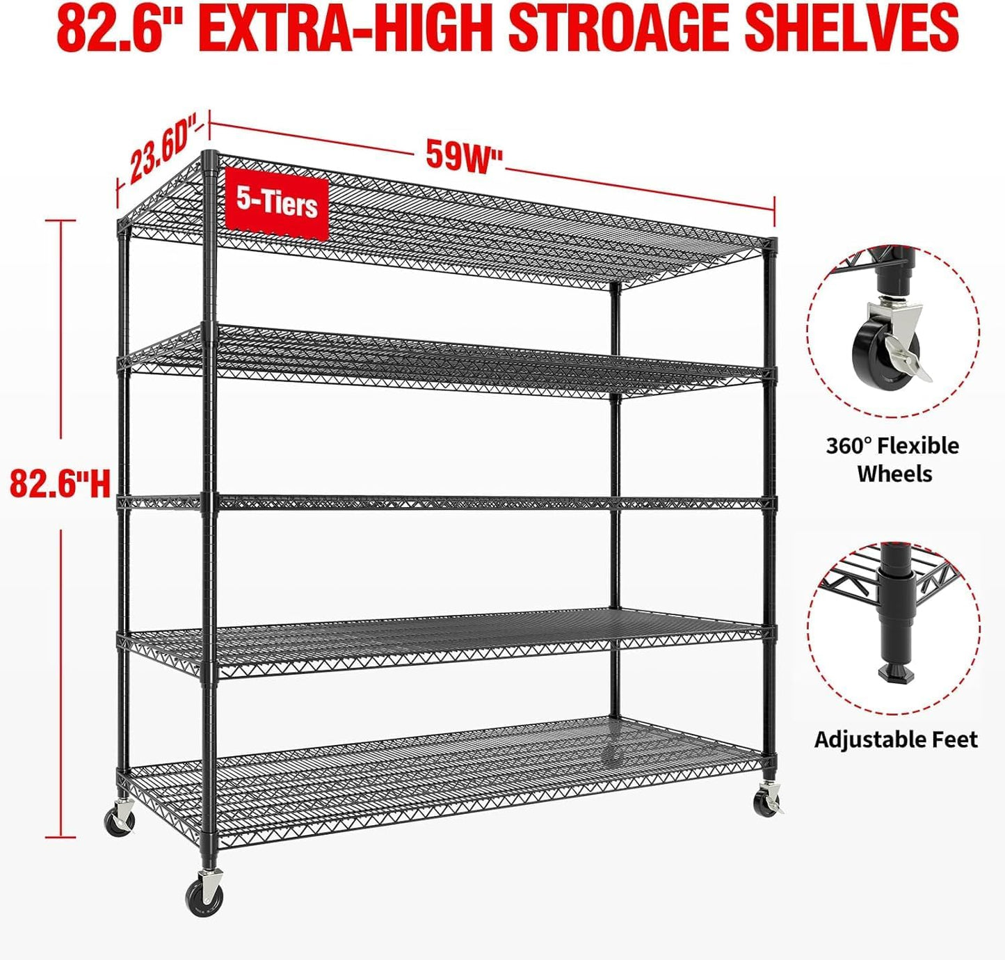 Garvee Storage Shelves, 5 Tier Metal Shelving Units with Wheels, 82" H x 59" W x 23.6" D, 3300 LBS Heavy Duty Wire Shelving Rolling Rack for Garage Kitchen Home Basement, Adjustable, Black