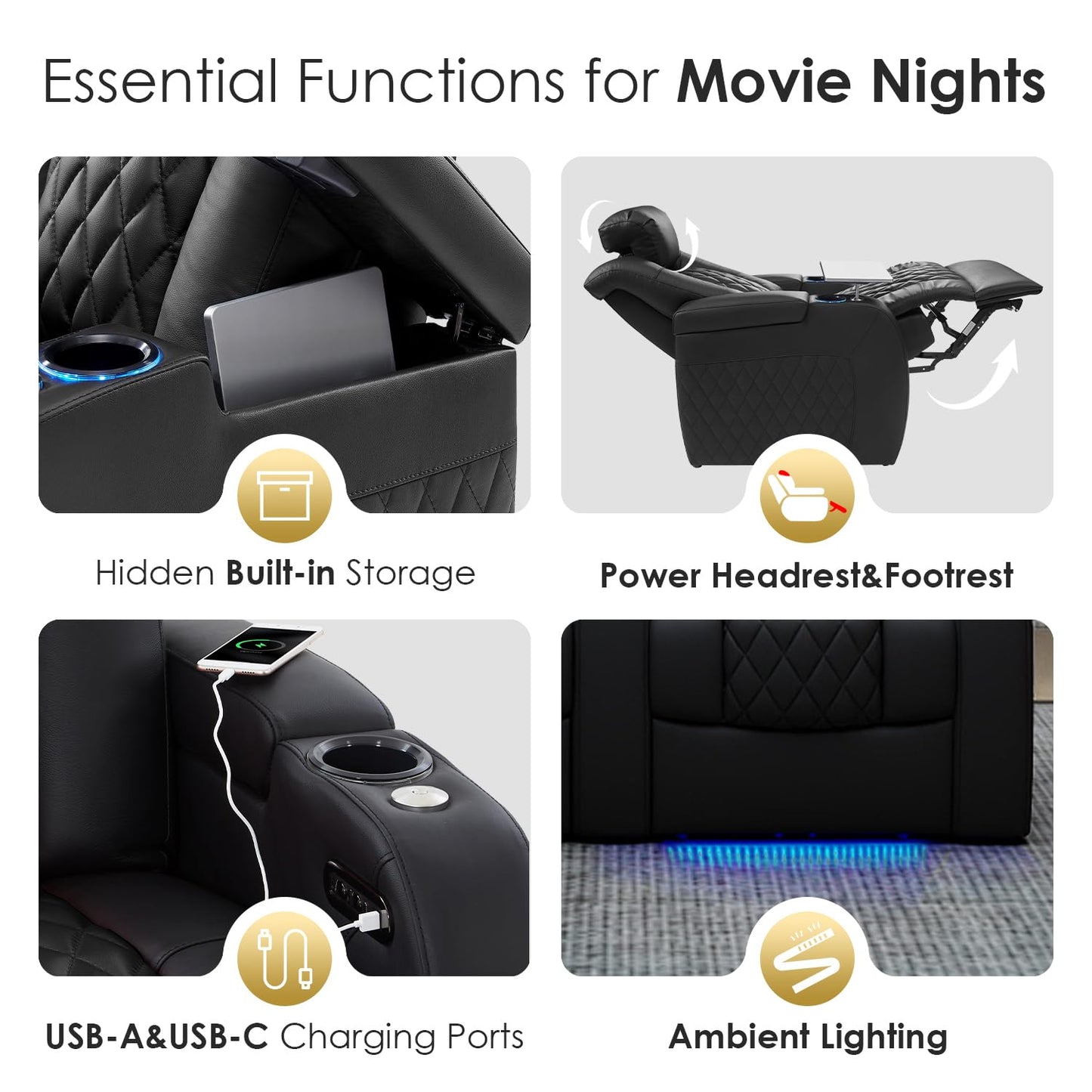 PBRO Home Theater Seating Top Grain Leather Recliner Chair, Movie Theater Chair Sofa with Power Reclining & Headrest USB Charger Ports Ambient Lighting, Black Single Seat for Home