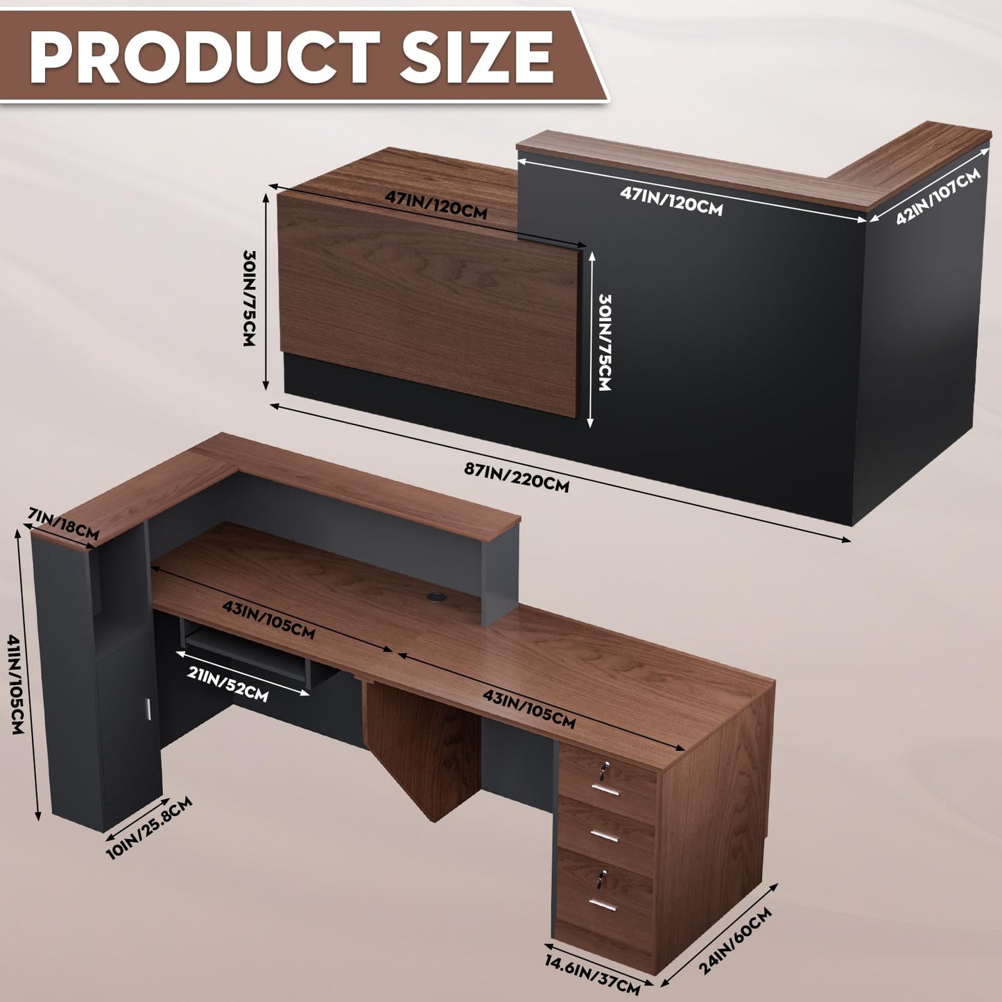 L-Shaped Large Wooden Reception Desk, Modern Front Desk Reception Counter with Lockable Drawers & Storage & Keyboard Tray, for Checkout, Lobby (Right-Walnut/Gray 87''L x 42''W x 41''H)