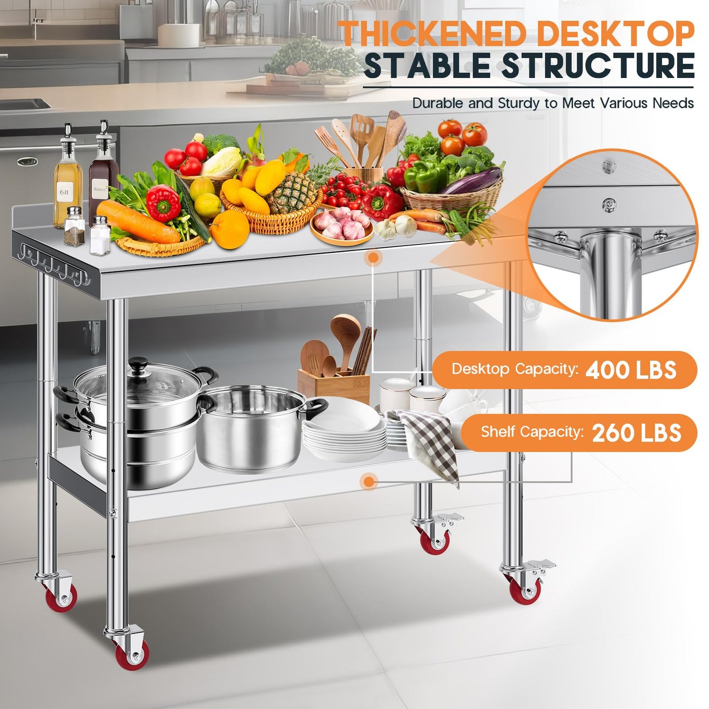 Jocisland 24" x 48" Stainless Steel Table for Prep & Work, Food-Grade Stainless Steel with Backsplash and Wheels, Adjustable Under Shelf & Safe Design for Restaurant, Home and Outdoor