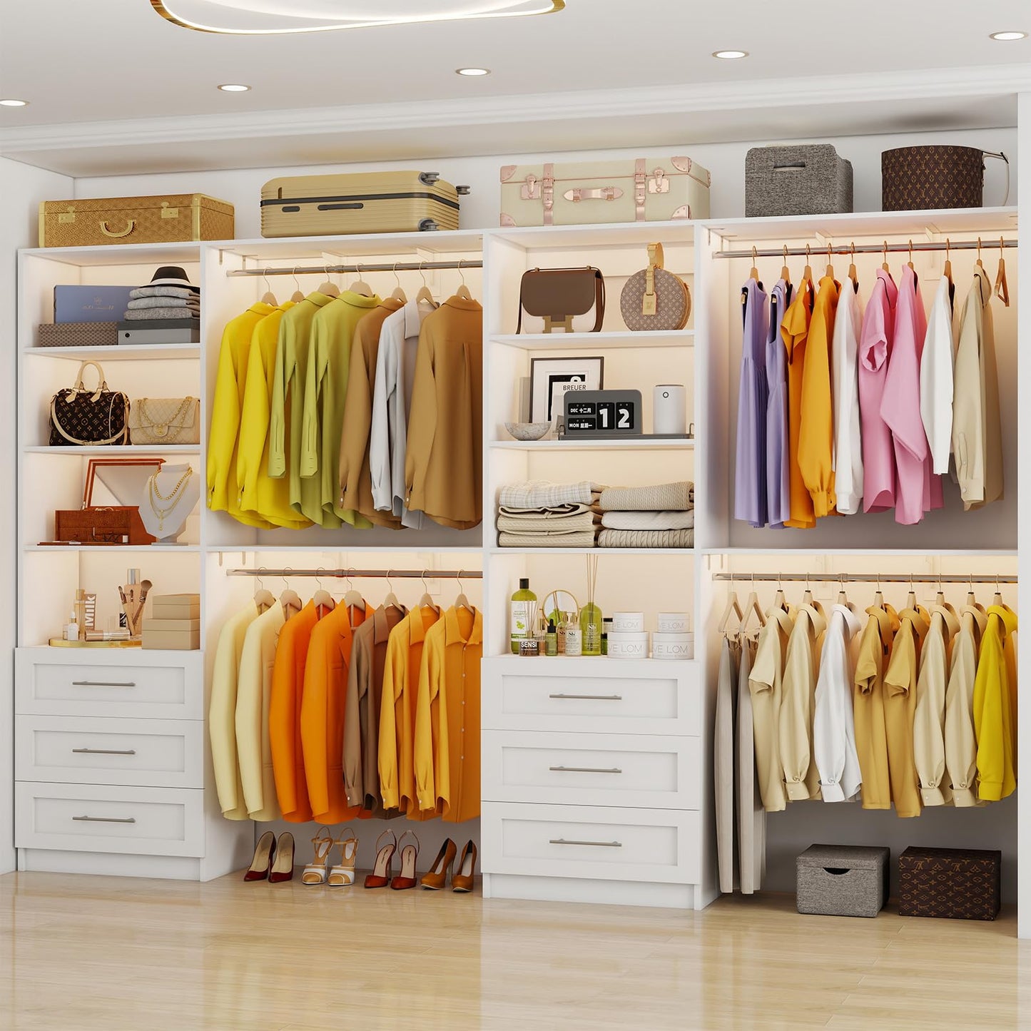 secilix Closet System with 6 Wood Drawers, 6-12FT Closet Organizer System with Cuttable Shelves for Walk in Closet with 6 Expandable Hanging Rods, Heavy Duty Built-in Closet for Bedroom, White