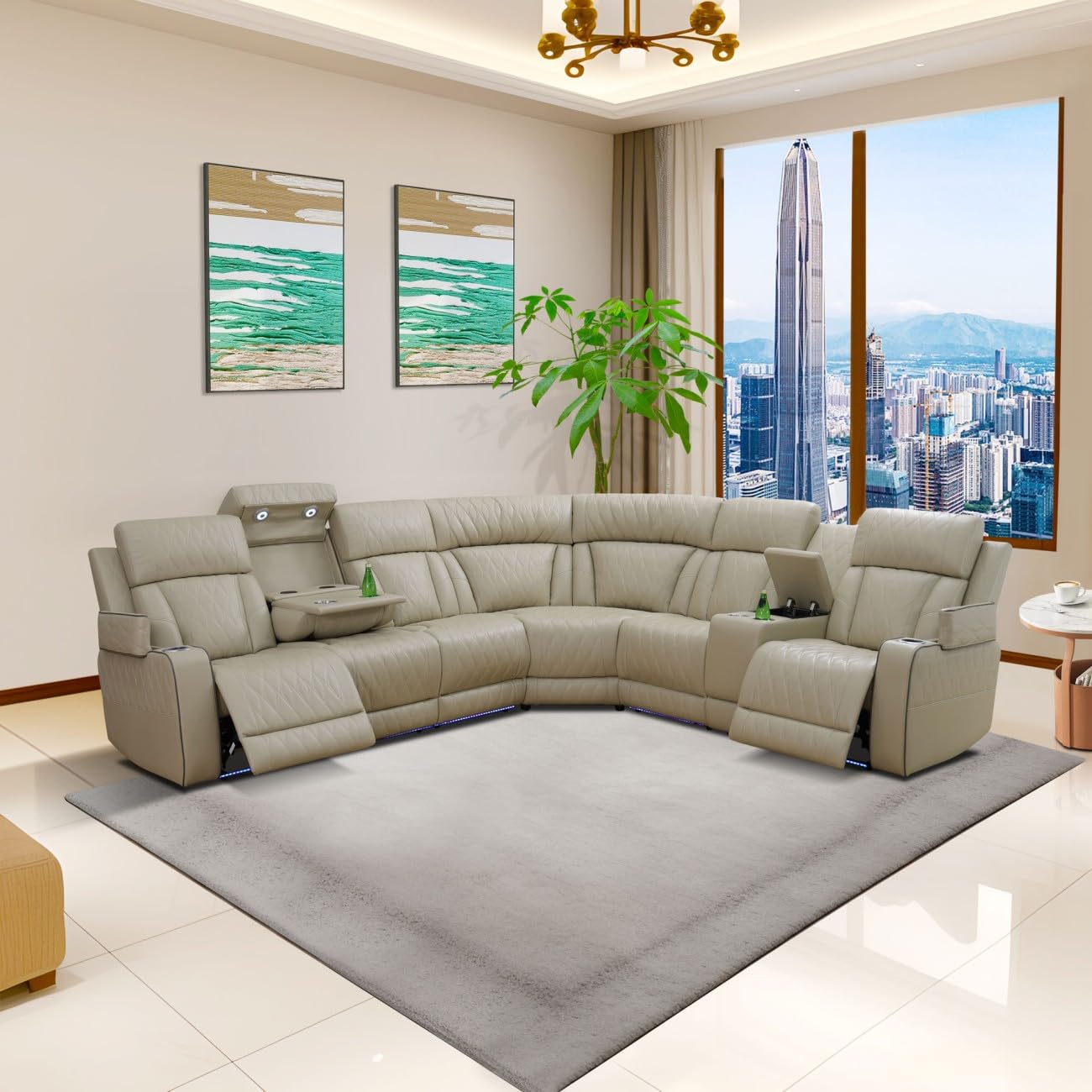 UOCFYK Reclining Sectional, Power Sectional Couch, Leather Sofa Set for Living Room, Comfy Home Theater Seating with USB 2.0 Charging Ports, LED Light Strips, Fold-Down Table & Cupholders (Beige)