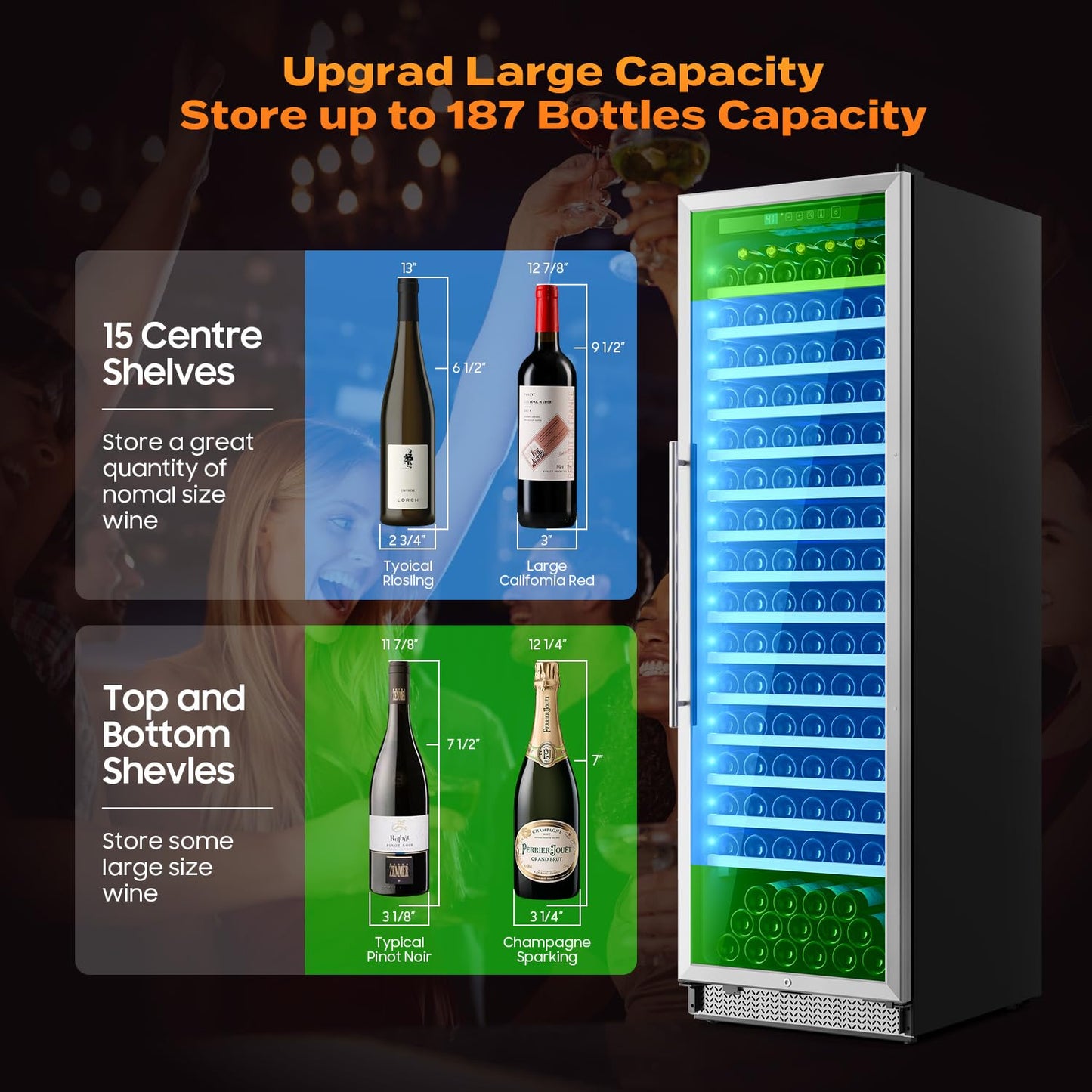 Vushine 24 Inch Wine Fridge, 187-Bottle Large Capacity Wine Cooler Refrigerator, Freestanding or Built-in Tall Wine Cooler with Upgraded Compressor, Low Noise For Home