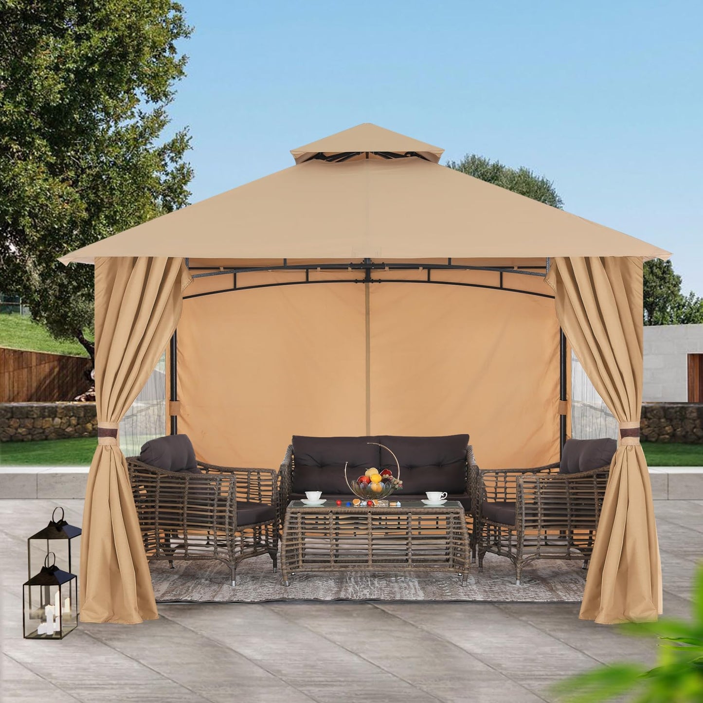 MASTERCANOPY Patio Gazebo Steel Frame Outdoor Gazebo with Windows Curtains (10x12,Beige)