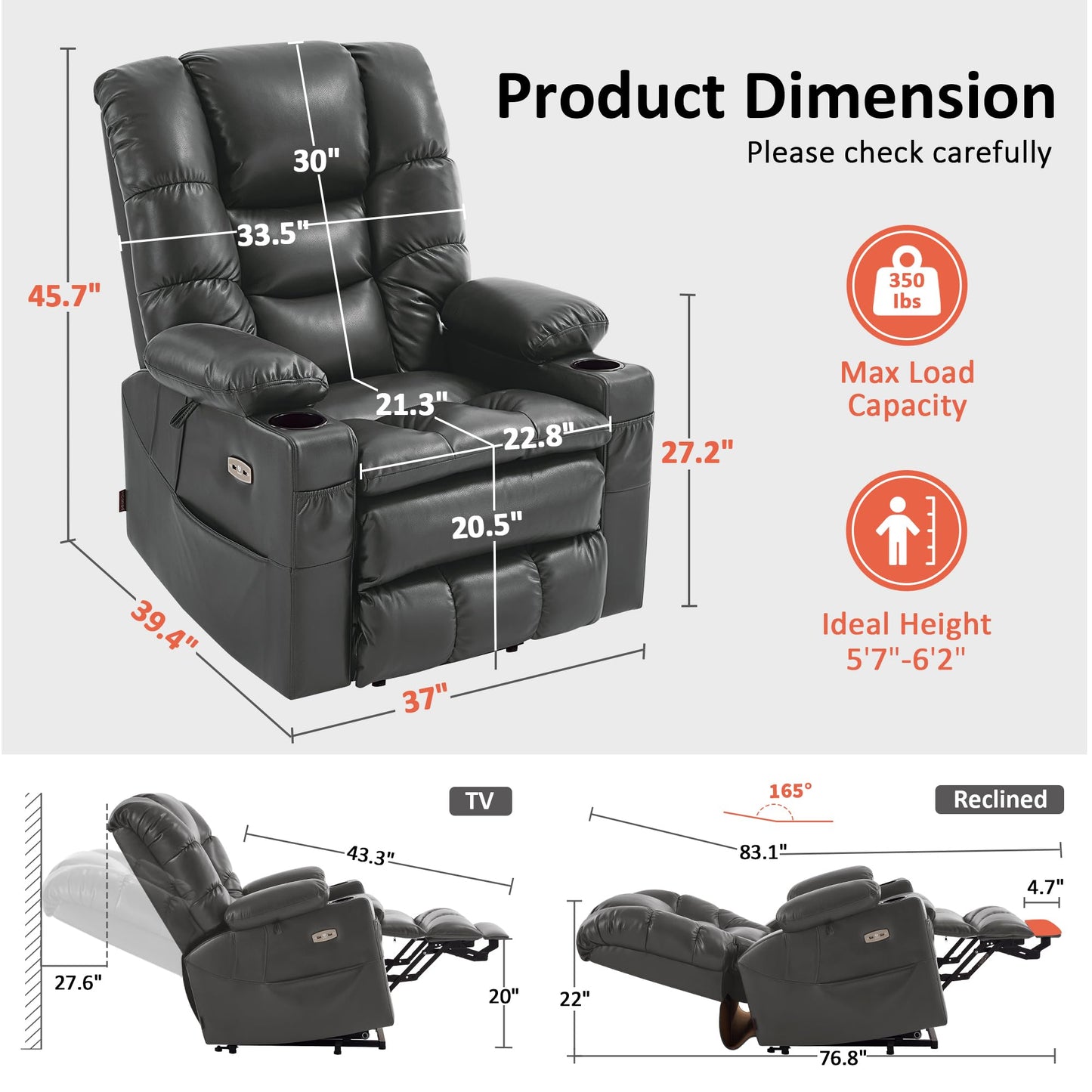MCombo Triple Motor Power Lift Recliner Chair with Massage and Dual Heating, Adjustable Headrest for Tall Elderly People, Faux Leather 7634 (Dark Grey, Large)