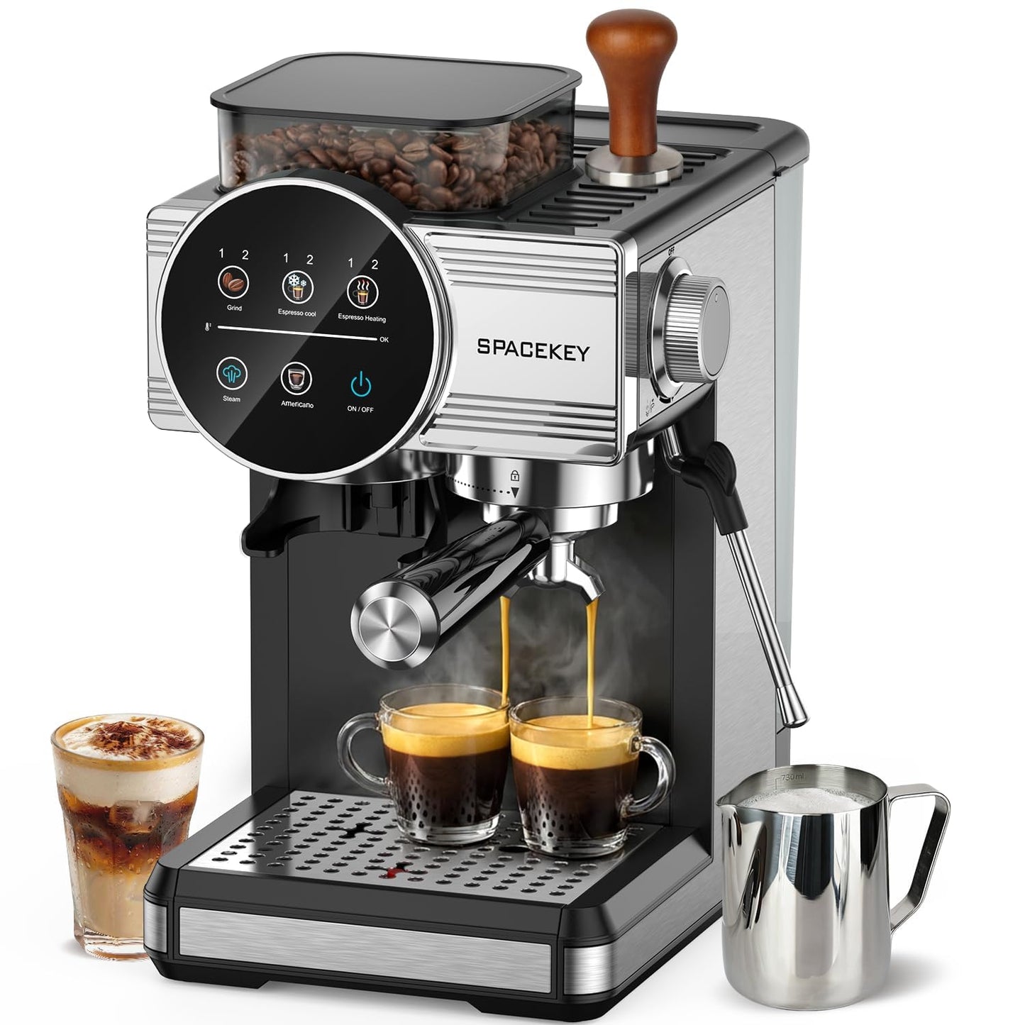 Spacekey Espresso Coffee Machine with Grinder, Milk Frother, Cold Brew, 20 Bar