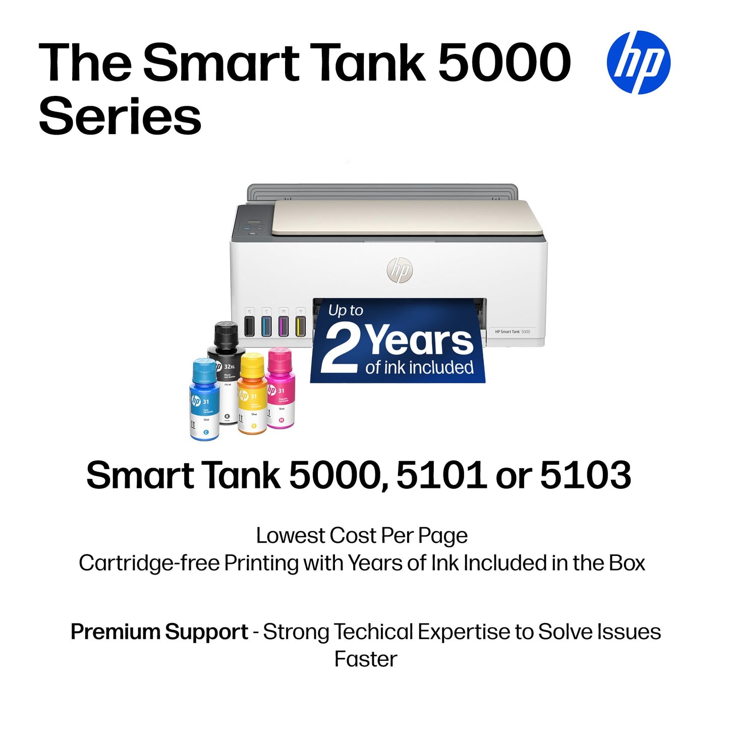 HP Smart Tank 5101 Wireless All-in-One Refillable Printer, Scanner, Copier with 2 Years of Ink Included, Wireless (2.4ghz only) Printer-for-Home use (1F3Y0A)