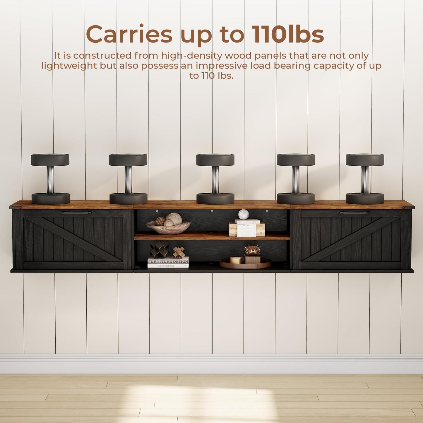 70" Farmhouse Floating TV Stand for TVs up to 90", 2-Tier Floating Entertainment Center with Flip Doors, Floating tv shelf with Storage, Wall Mounted TV Console for Living Room, Bedroom, Black