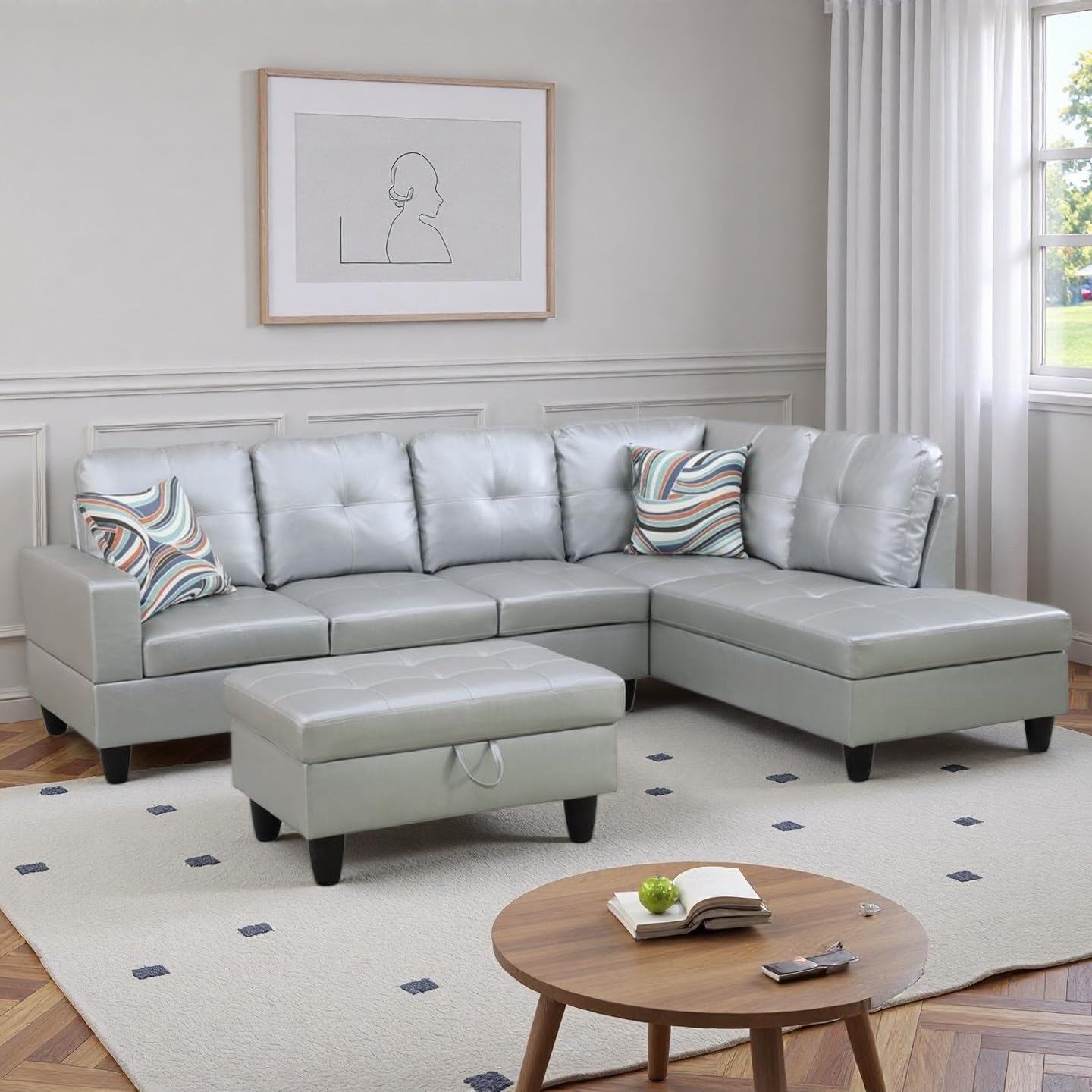 NicBex Sectional Couch 3 Pieces Sofa Set, L-Shaped Modular Couches for Living Room, Furniture Sets with Lounge Chaise & Storage Ottoman, Multi-Scene Use for Apartment & Office, Silver