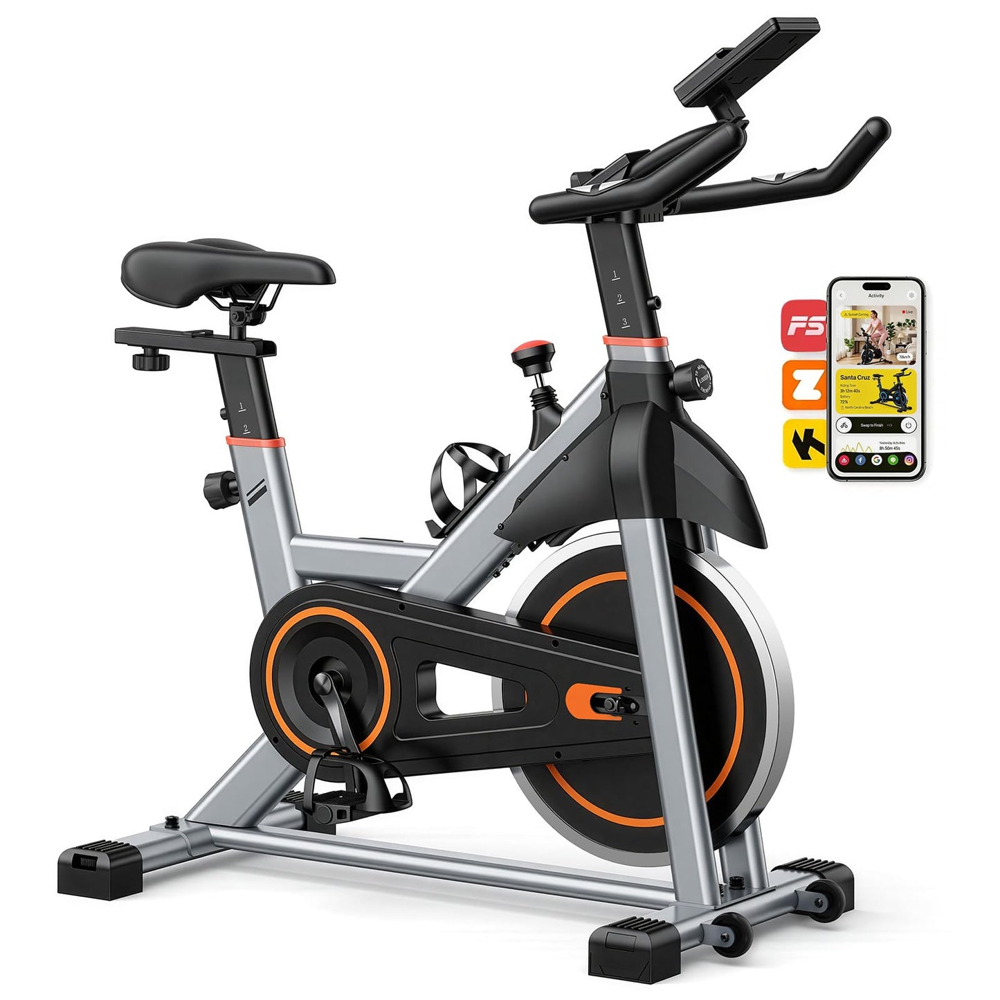 DUMOS Exercise Bike with APP, Stationary Bikes for Home, Workout Bike for Adults & Seniors, Adjustable Height and Resistance, Low Noise, 265lbs Weight Capacity, Easy Setup, Silver&Orange