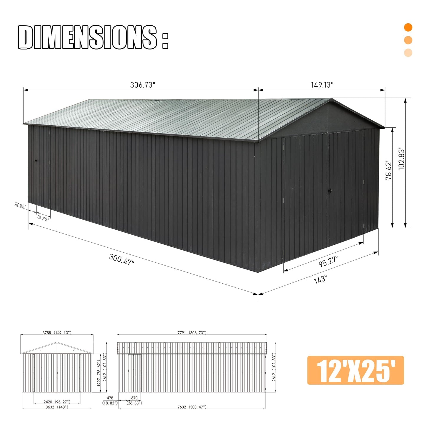 Gareinwuds 12x25FT Metal Storage Shed, a Metal Garage Shed or Heavy Duty Carport, Lockable Double Hinged Doors, Extra Large Car Shelter for Car Truck Motorcycle Lawn Equipment, Wind Resistant