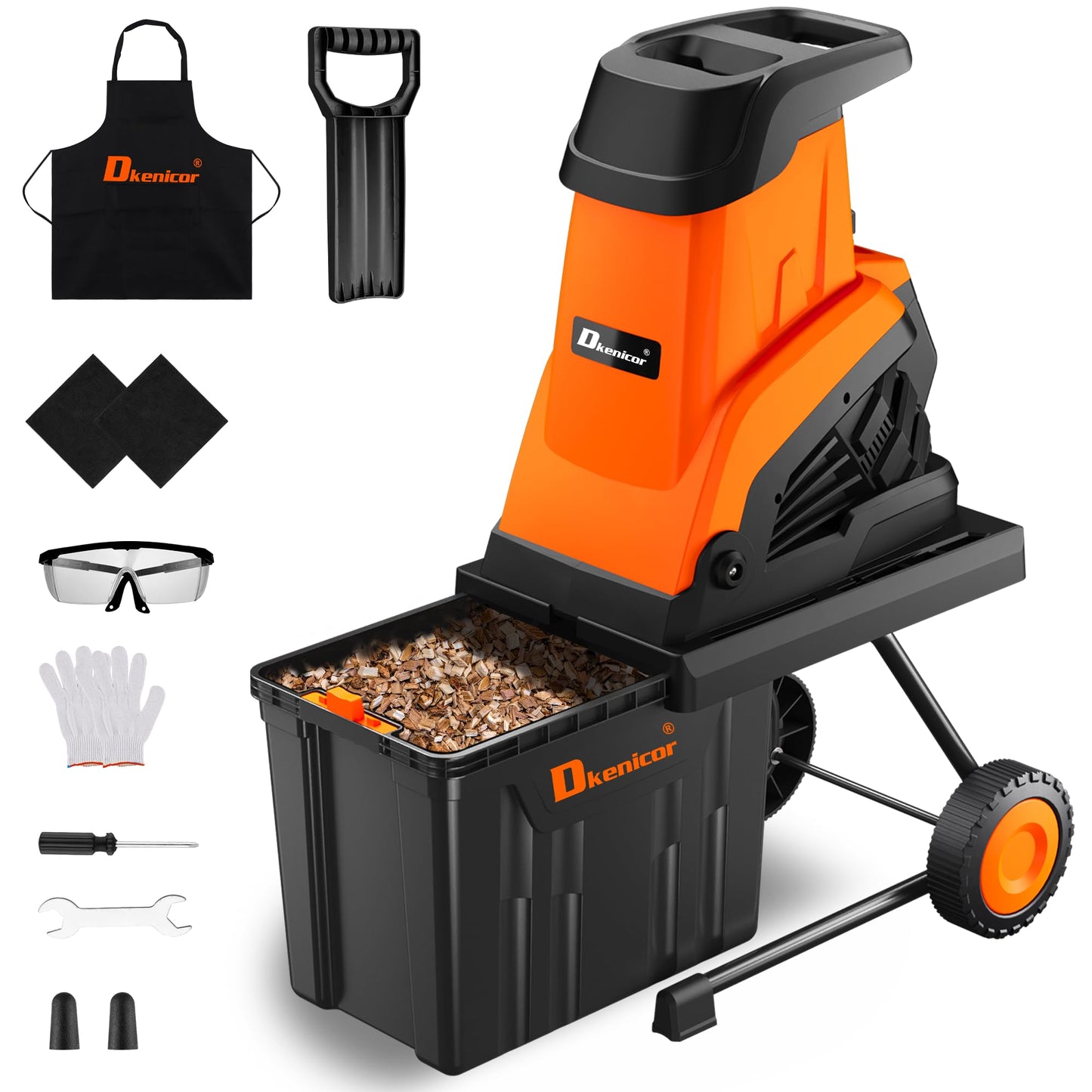 Dkenicor Wood Chipper Shredder,1800W Cut Diameter of 1.77inch with 10 Gallon Collection Bin 15-Amp Electric Wood Chipper Shredder for Easy Cleanup Ideal for Branches, Leaves,Yard Waste, Orange