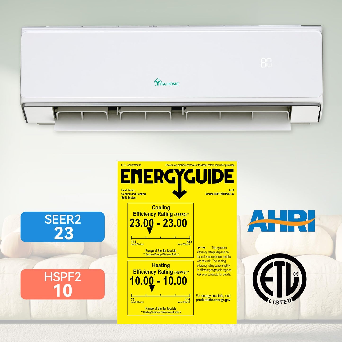 YITAHOME 23 SEER2 24K BTU 3 Zone Mini Split AC/Heating System, 9000 9000 9000 BTU Tri Zone Mini Split Air Conditioner, Wifi Enabled 208-230V Ductless AC Cool Up to 1200 Sq. Ft, Compatible with Alexa