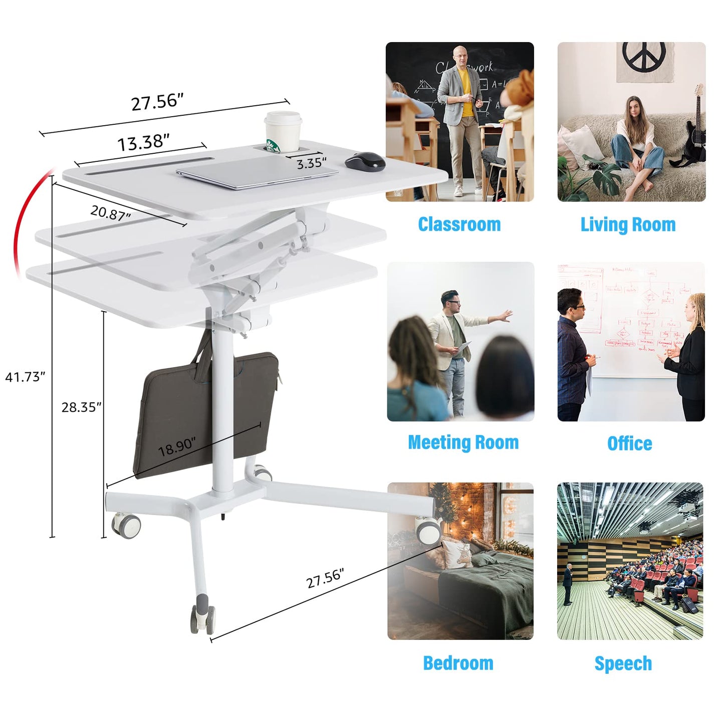 Lipo Mobile Sit Stand Desk - Height Adjustable Standing Laptop Desk Cart Rolling Couch Table on Wheels White Workstation with Gas Spring Riser for Home Office Classroom