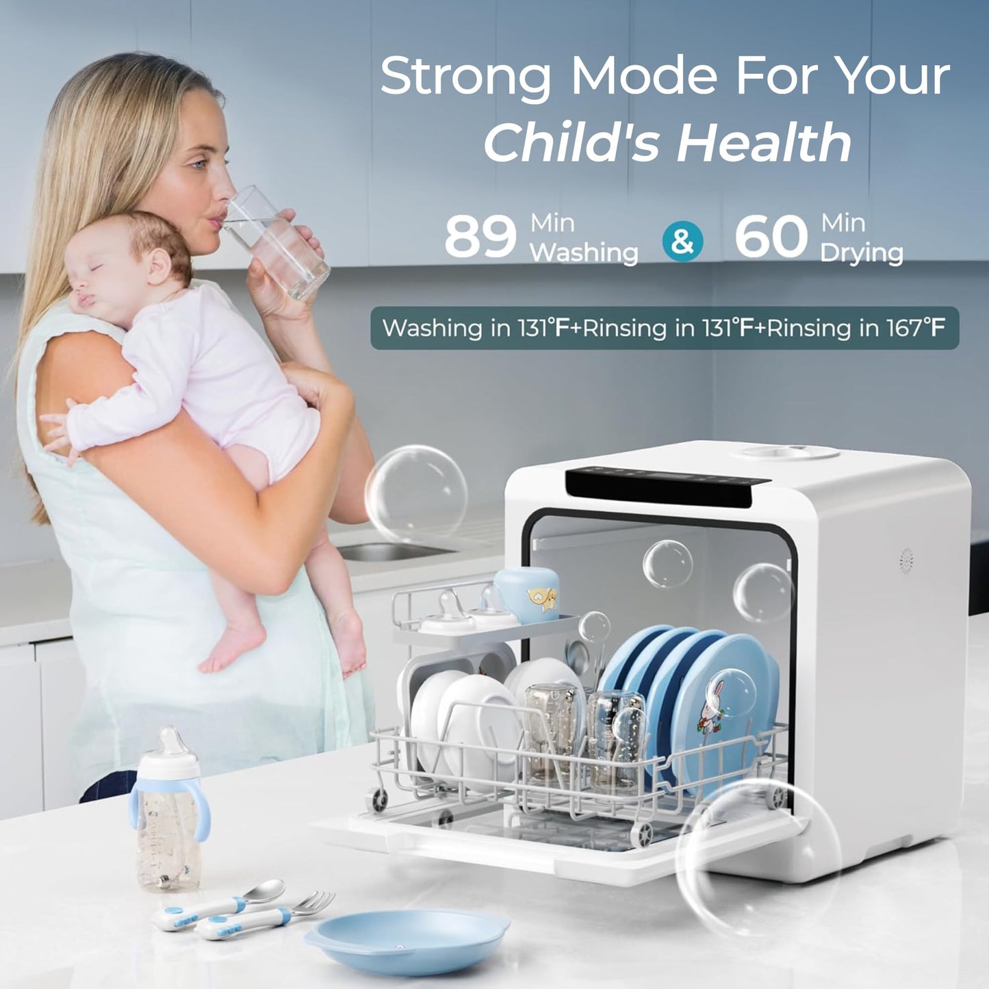 EUHOMY Countertop Dishwasher, 8 Programs Portable Dishwasher with 5L Built-in Water Tank and Inlet hose, No Hookup Needed, Mini Dishwasher with Self Clean/Baby Care/Air Dry, for Apartments, RVs, White