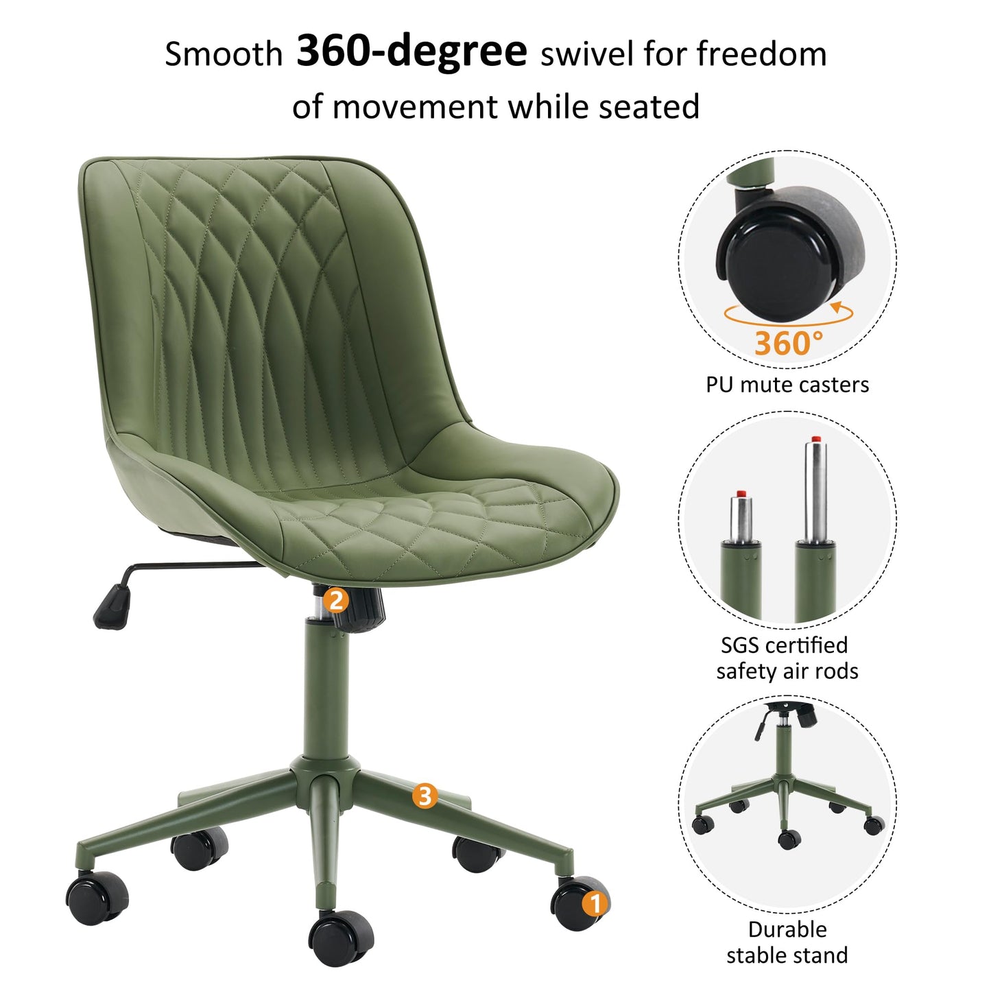 YOUNIKE Olive Green Faux Leather Ergonomic Office Chair Armless Comfy Desk Chair with Rocking Back Cute Swivel Vanity Chair with Wheels Height Adjustable Small Computer Task Chair for Sewing Drafting