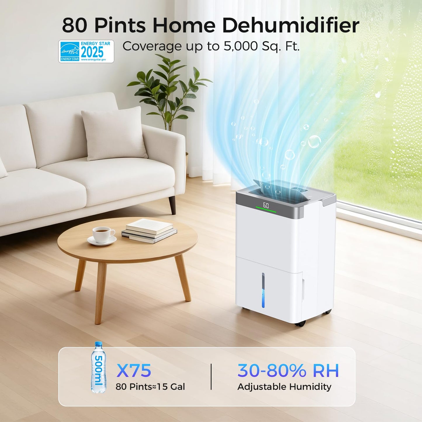 Max 80 Pints Dehumidifier Energy Star Most Efficient 2025 Smart Humidistat up to 5000 Sq.Ft with Drain Hose, Large Water Tank, WiFi Control, 24H Timer Dehumidifier for Basement,Bedroom,Home,Bathroom